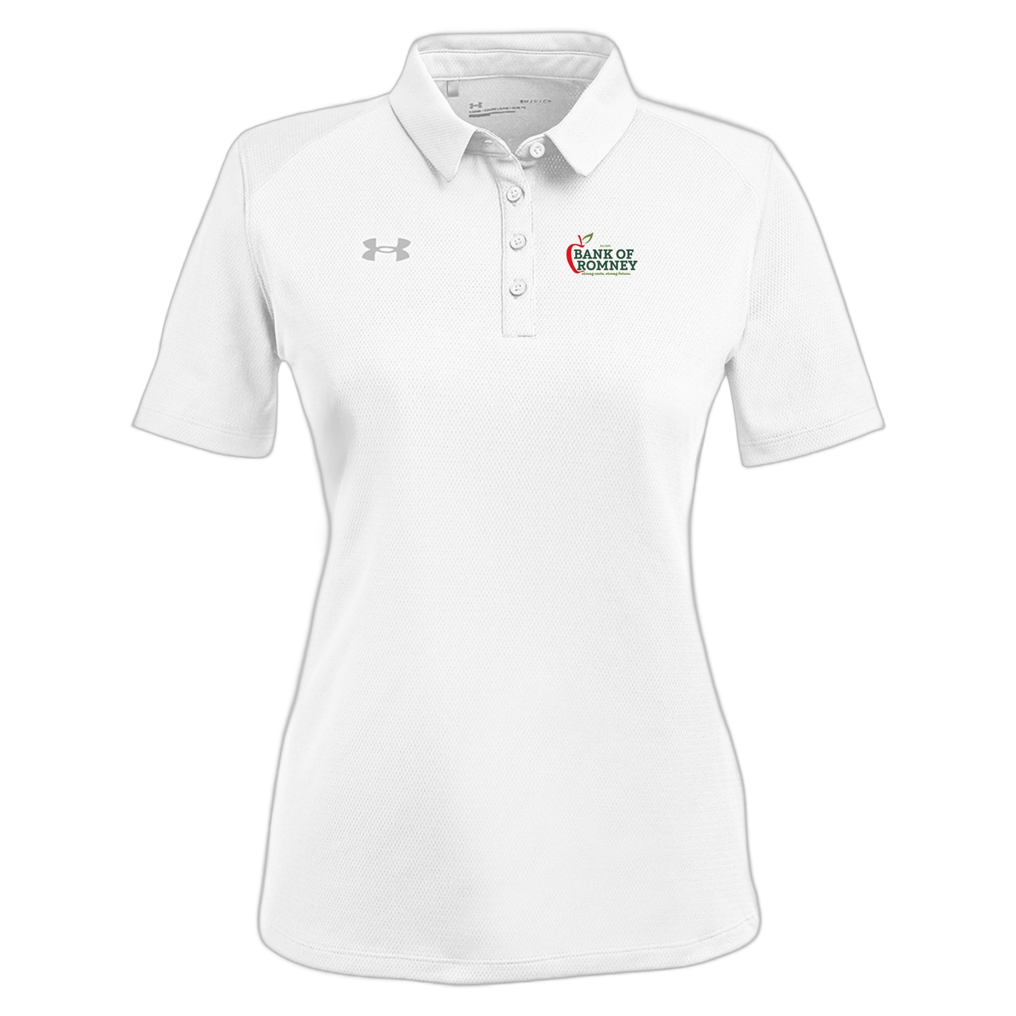 bankofromney-under-armour-womens-tech-polo-embroidery-leftchest-1370431-white-flat-front