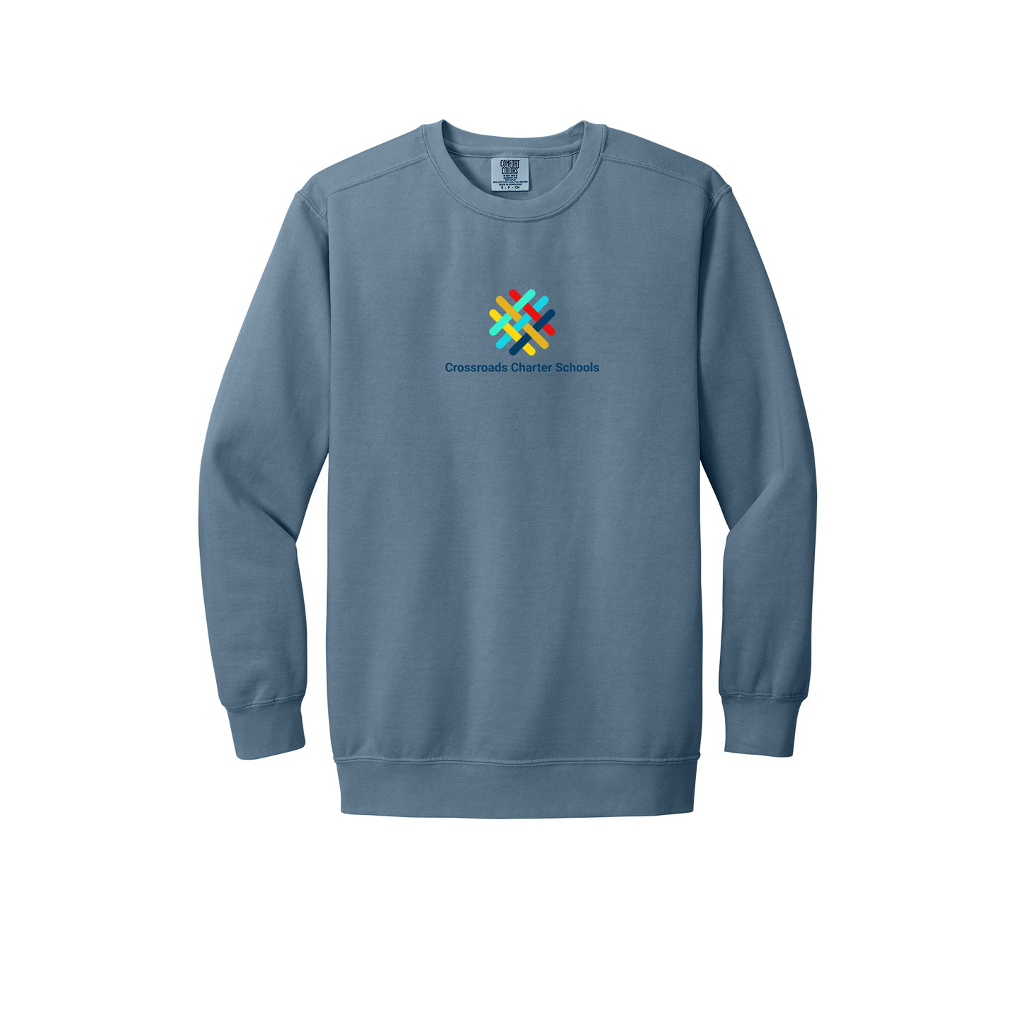 crossroadsschoolskc-premium-comfort-crewneck-dtf-front-1566-bluejean-flat-front