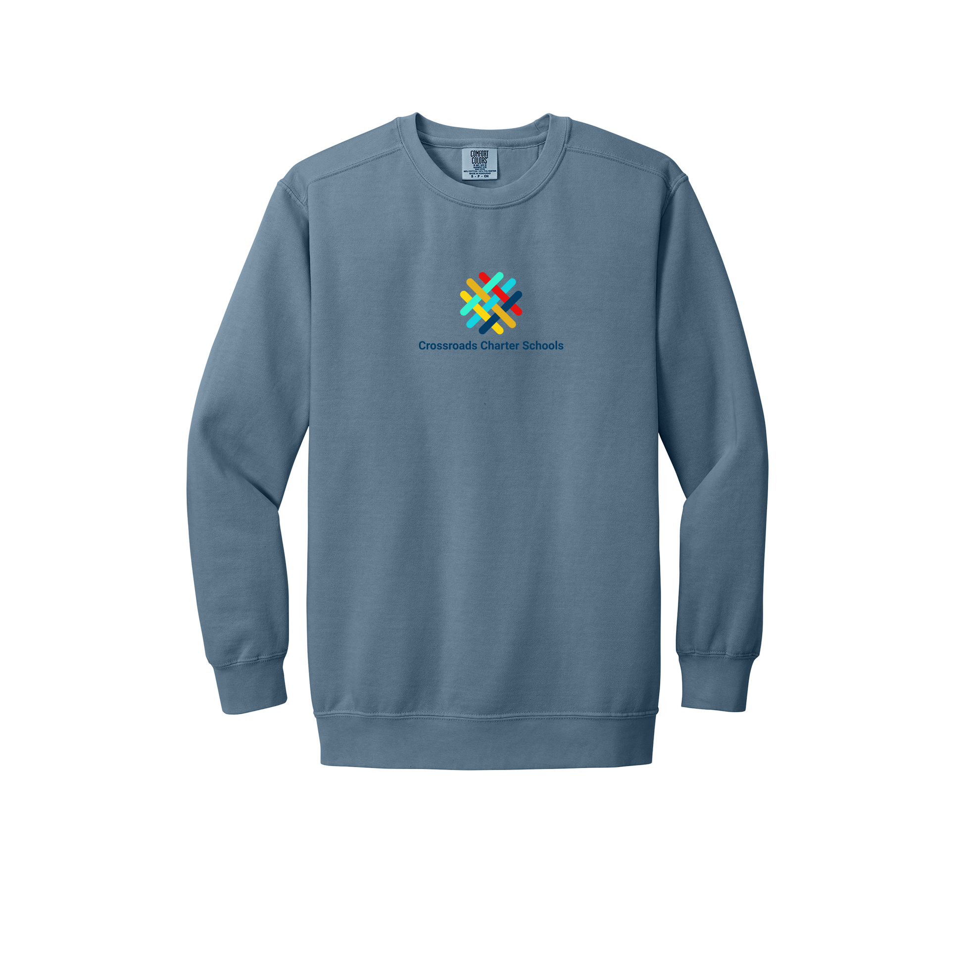 crossroadsschoolskc-premium-comfort-crewneck-dtf-front-1566-bluejean-flat-front