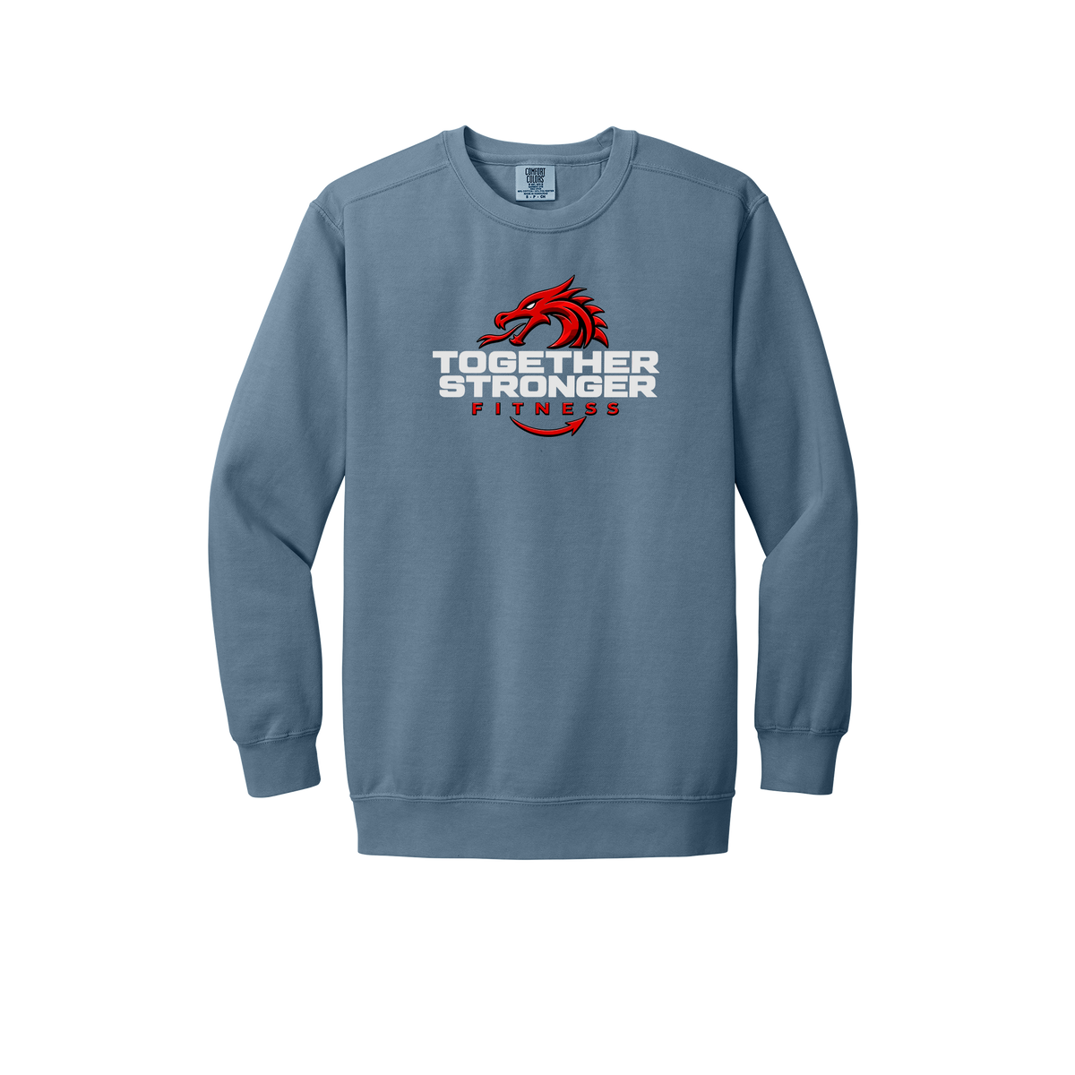 togetherstrongerfitness-premium-comfort-crewneck-dtf-front-1566-bluejean-flat-front