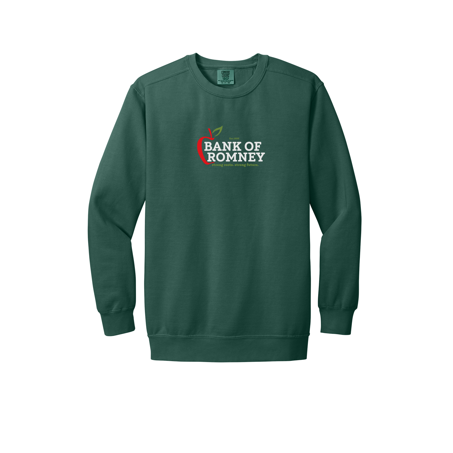 bankofromney-premium-comfort-crewneck-dtf-front-1566-bluespruce-flat-front