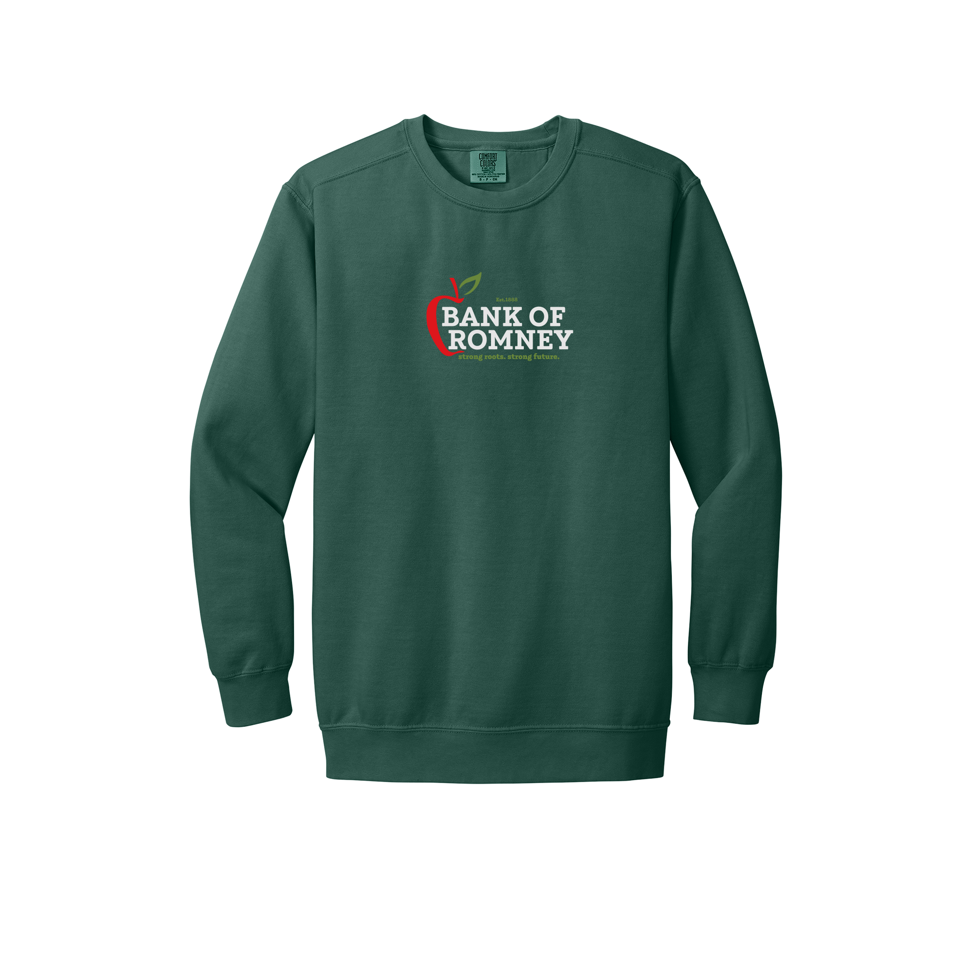 bankofromney-premium-comfort-crewneck-dtf-front-1566-bluespruce-flat-front