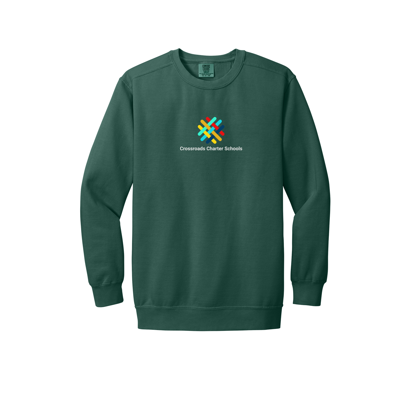 crossroadsschoolskc-premium-comfort-crewneck-dtf-front-1566-bluespruce-flat-front