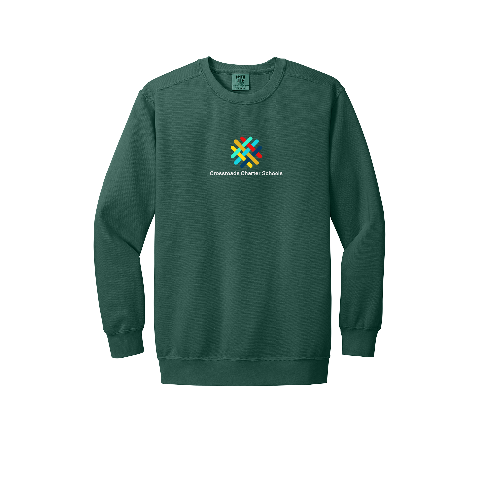 crossroadsschoolskc-premium-comfort-crewneck-dtf-front-1566-bluespruce-flat-front