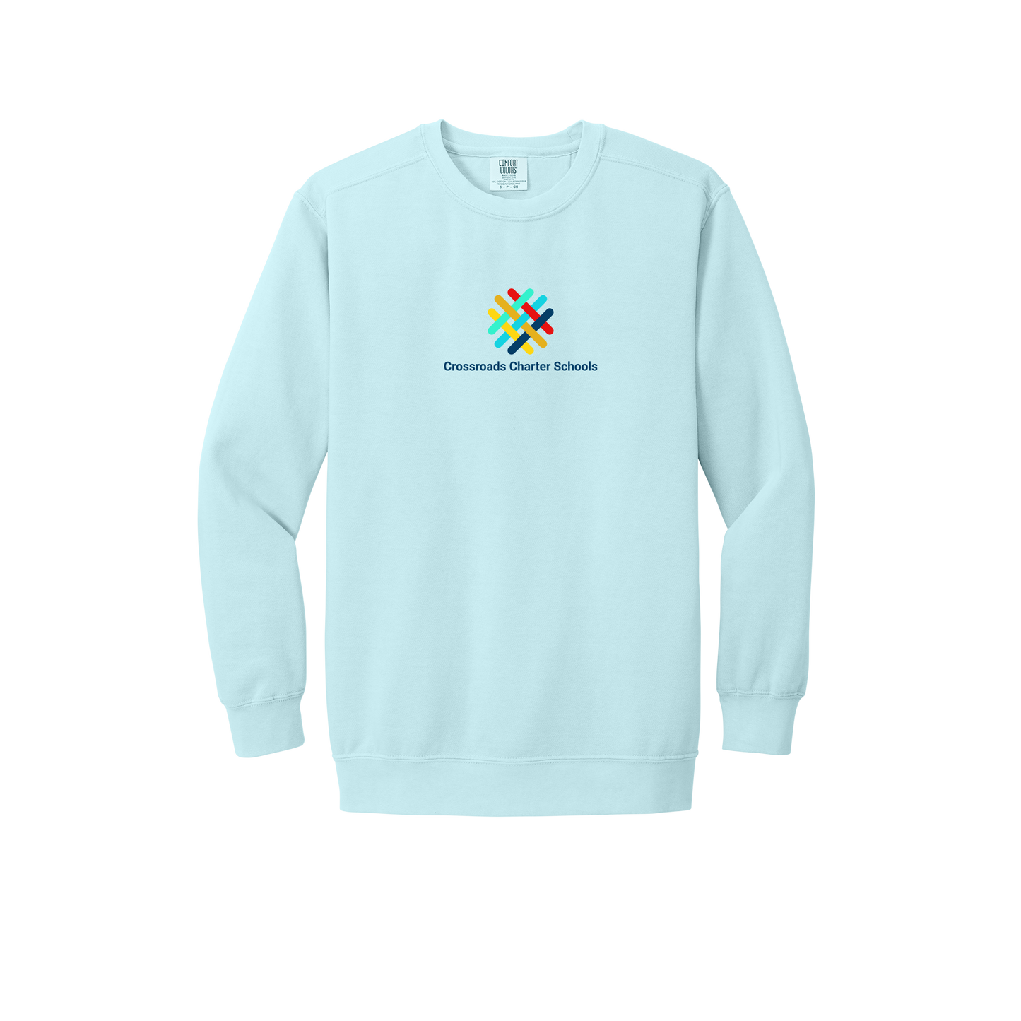 crossroadsschoolskc-premium-comfort-crewneck-dtf-front-1566-chambray-flat-front