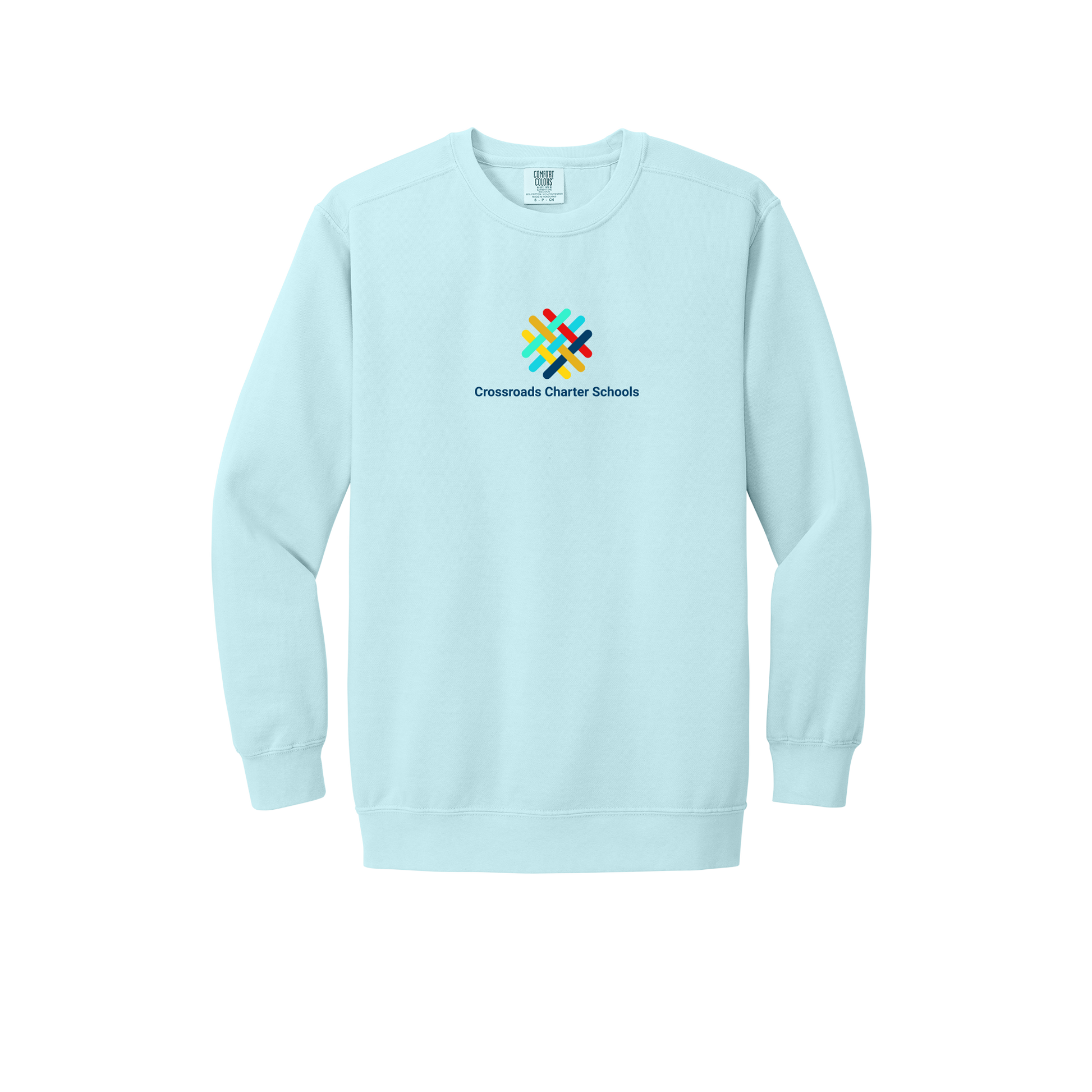 crossroadsschoolskc-premium-comfort-crewneck-dtf-front-1566-chambray-flat-front