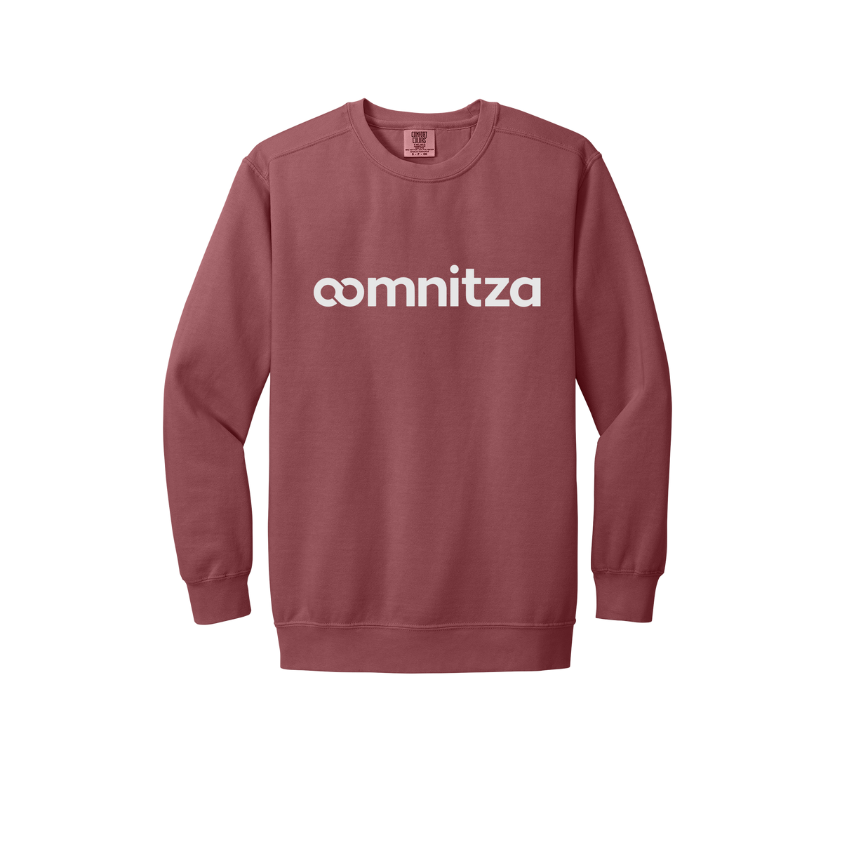 oomnitza-premium-comfort-crewneck-dtf-front-1566-crimson-flat-front