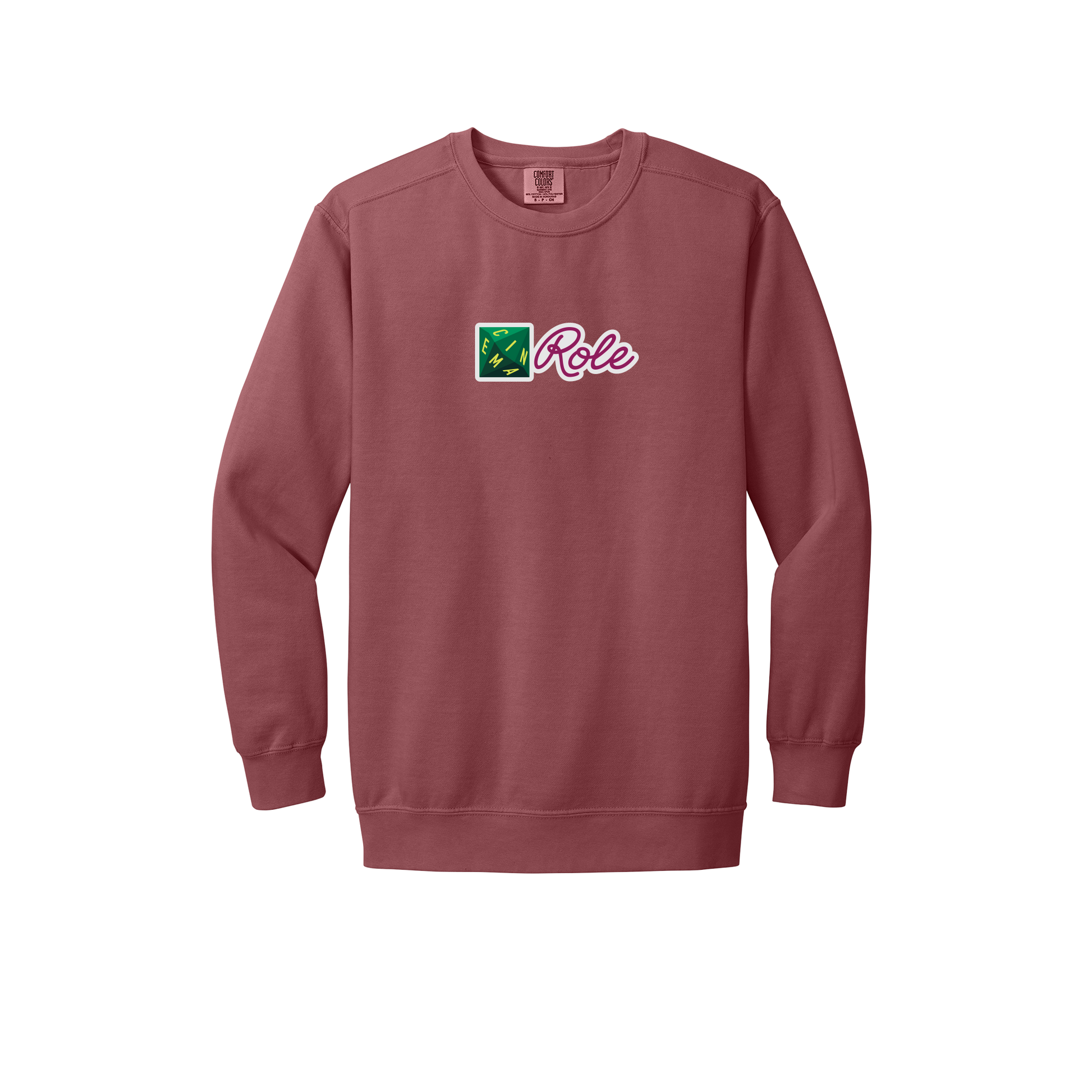 cinemarole-premium-comfort-crewneck-dtf-front-1566-crimson-flat-front