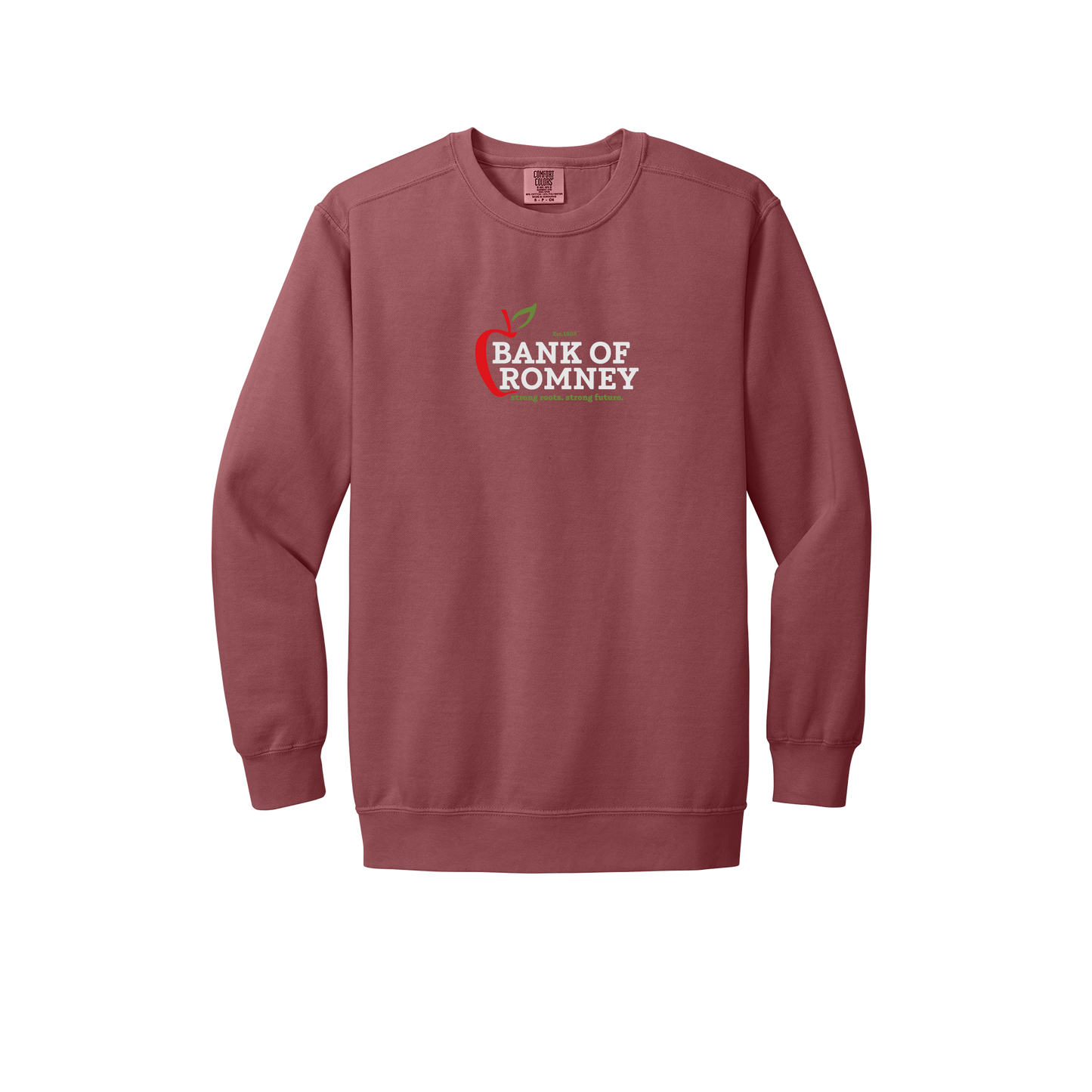 bankofromney-premium-comfort-crewneck-dtf-front-1566-crimson-flat-front