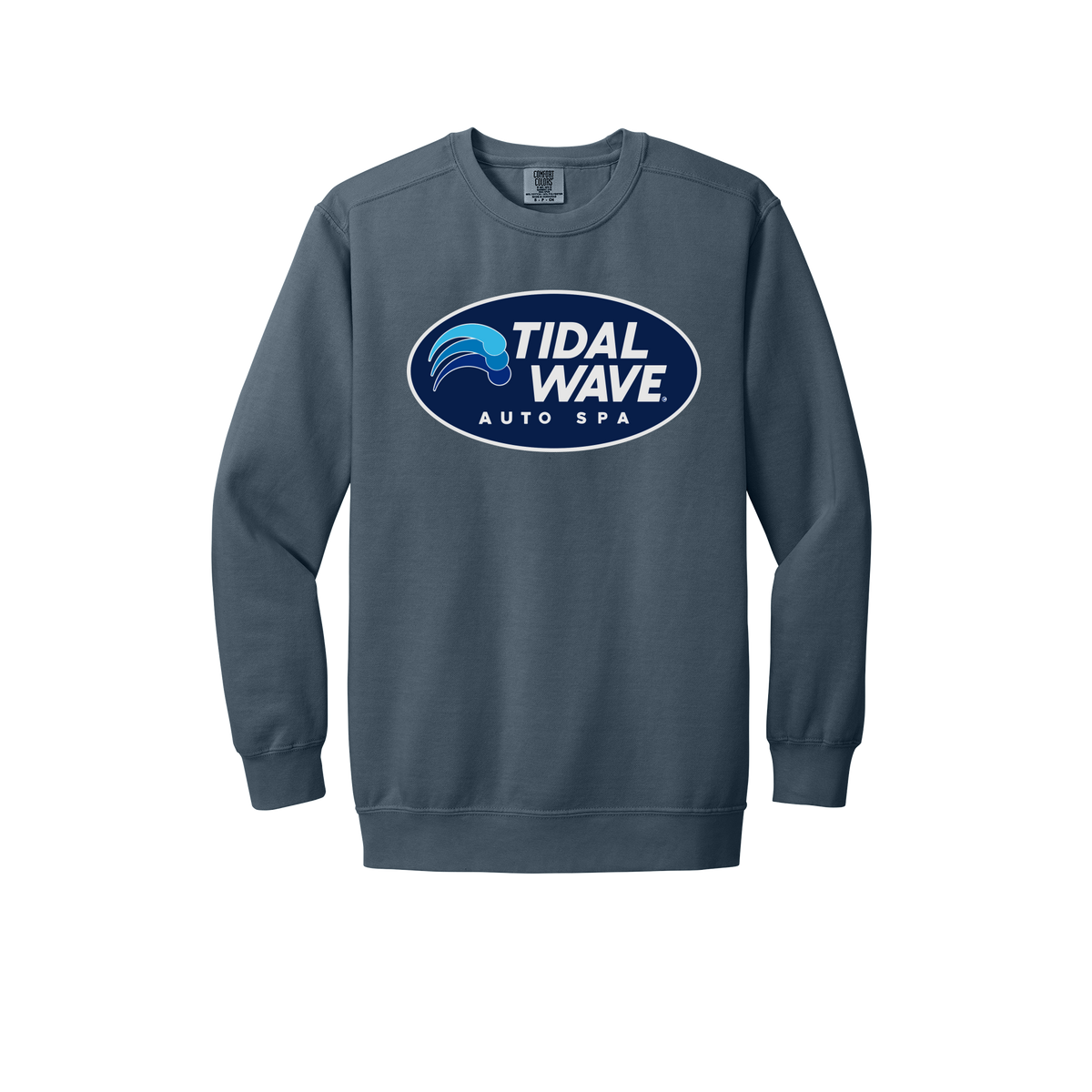 tidalwaveautospa-premium-comfort-crewneck-dtf-front-1566-denim-flat-front