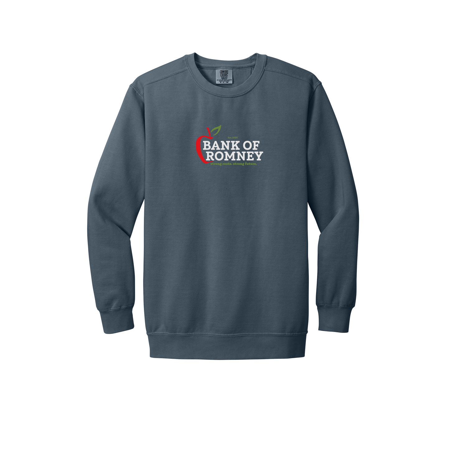 bankofromney-premium-comfort-crewneck-dtf-front-1566-denim-flat-front