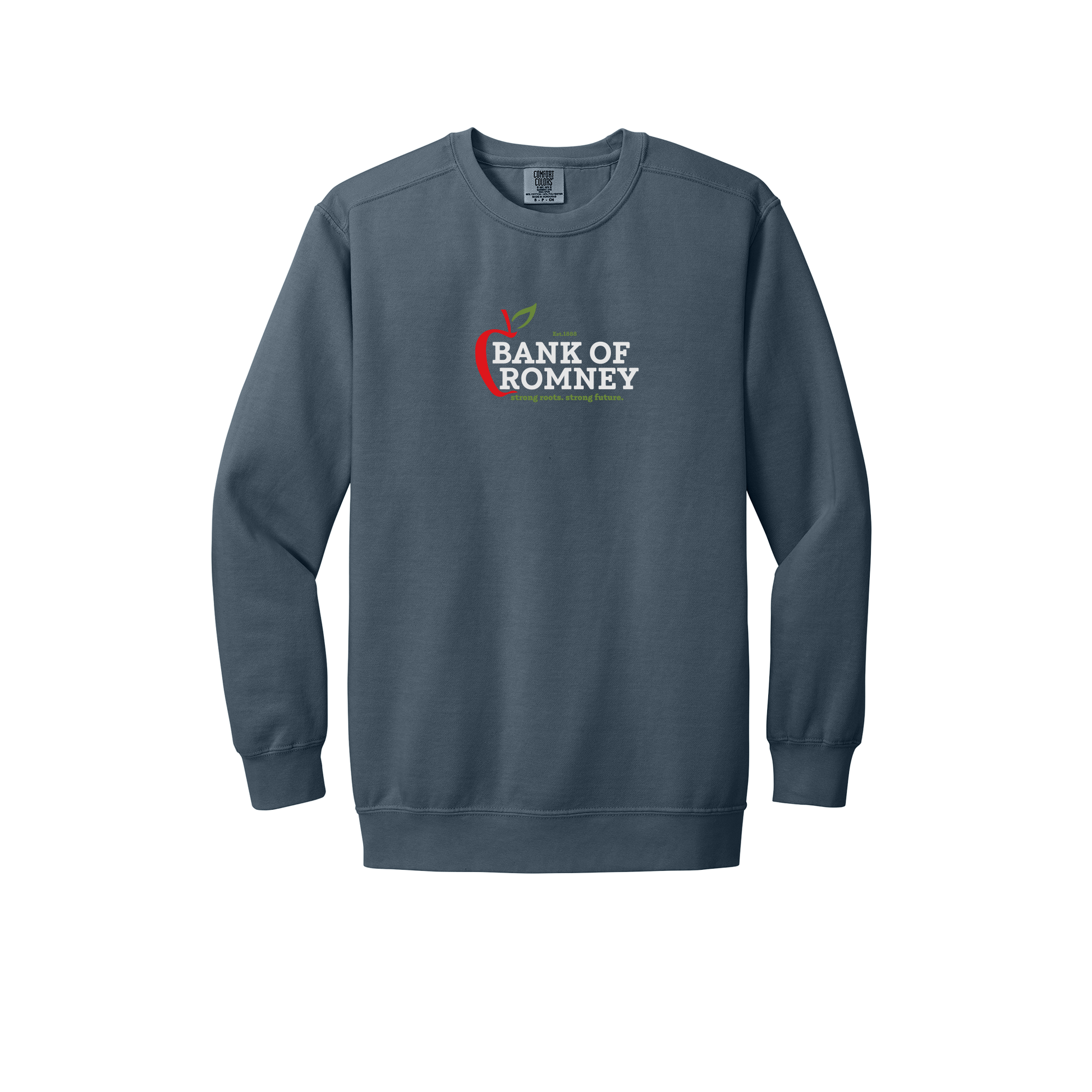 bankofromney-premium-comfort-crewneck-dtf-front-1566-denim-flat-front