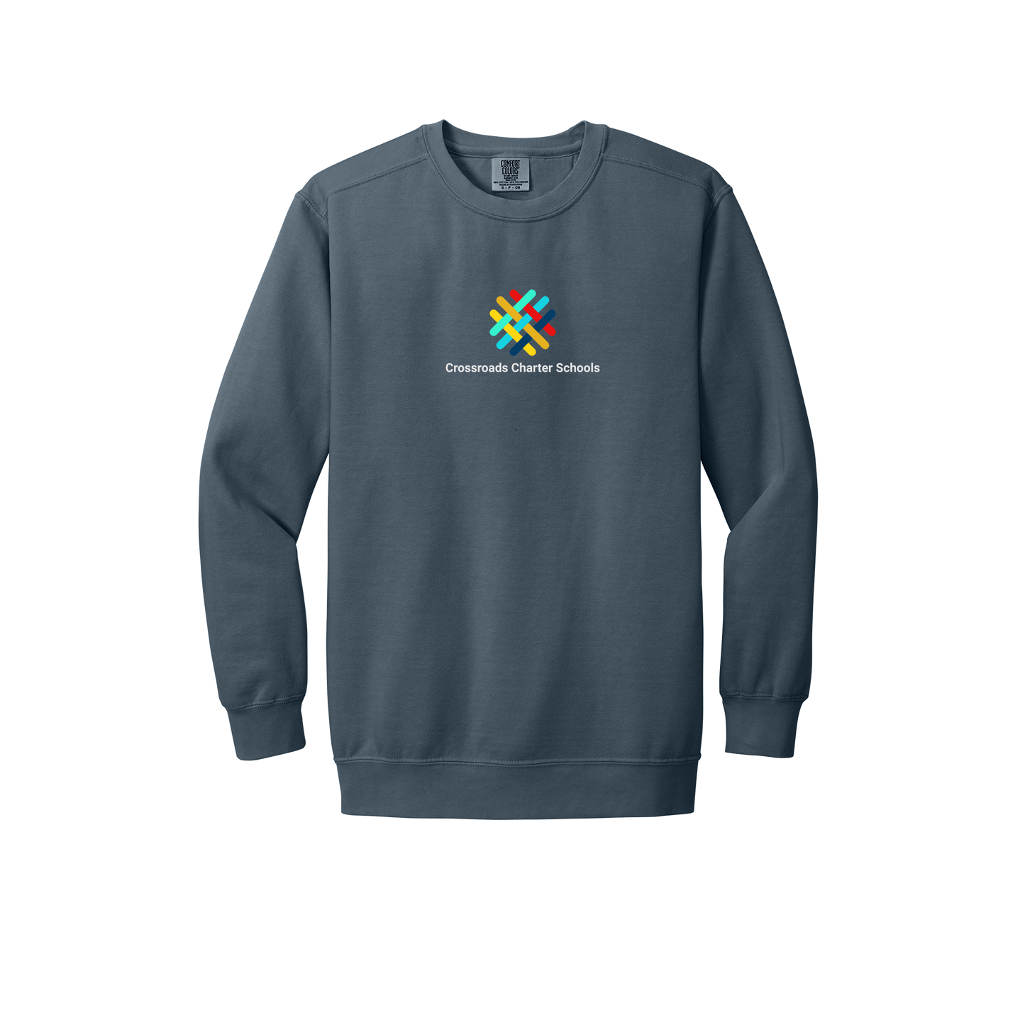 crossroadsschoolskc-premium-comfort-crewneck-dtf-front-1566-denim-flat-front