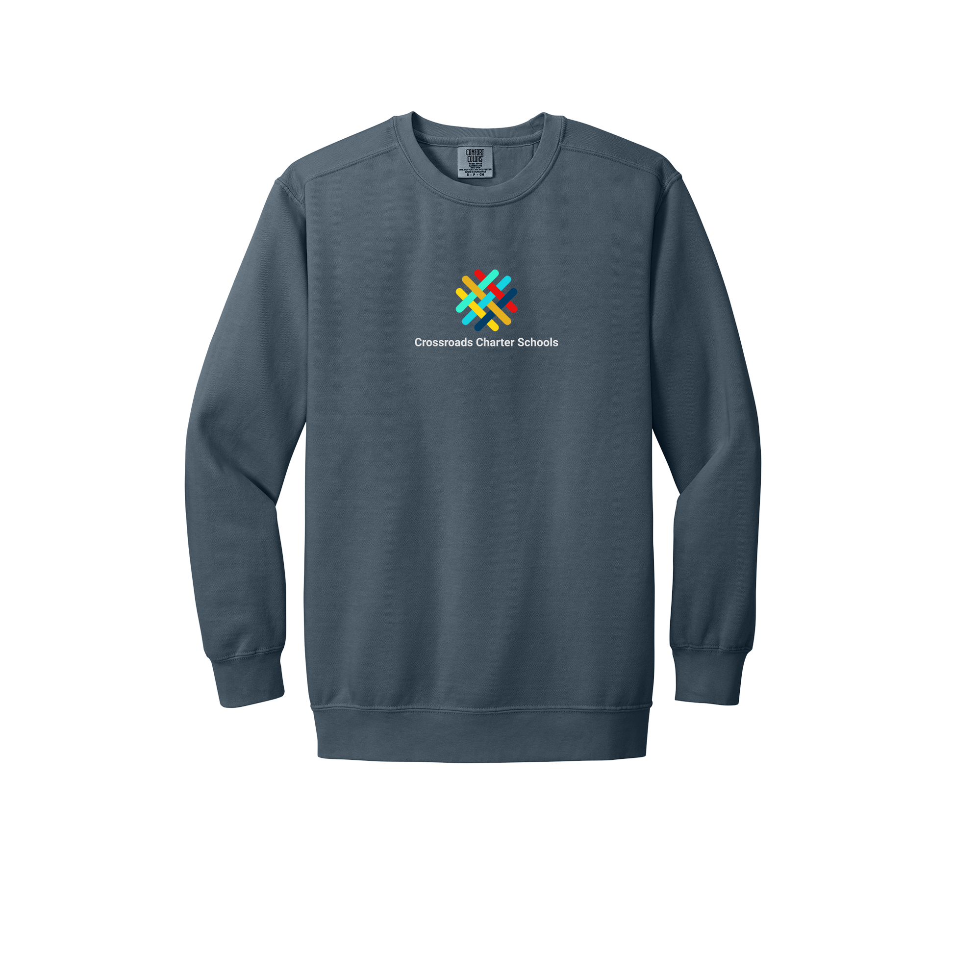 crossroadsschoolskc-premium-comfort-crewneck-dtf-front-1566-denim-flat-front