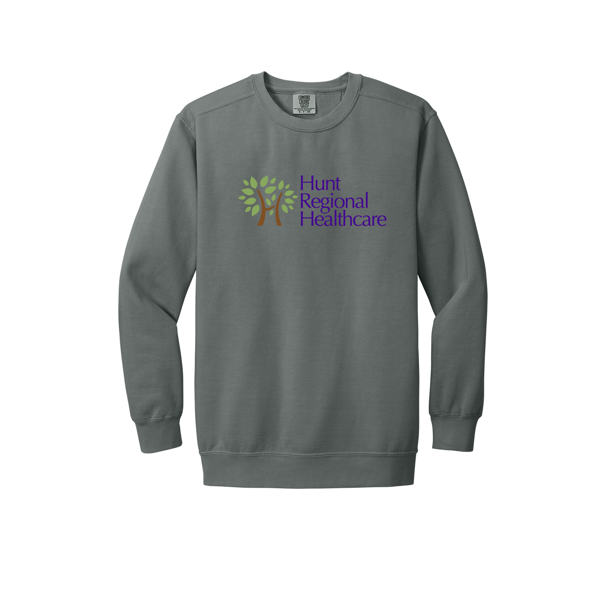huntregional-premium-clinic-comfort-crewneck-dtf-front-1566-grey-flat-front