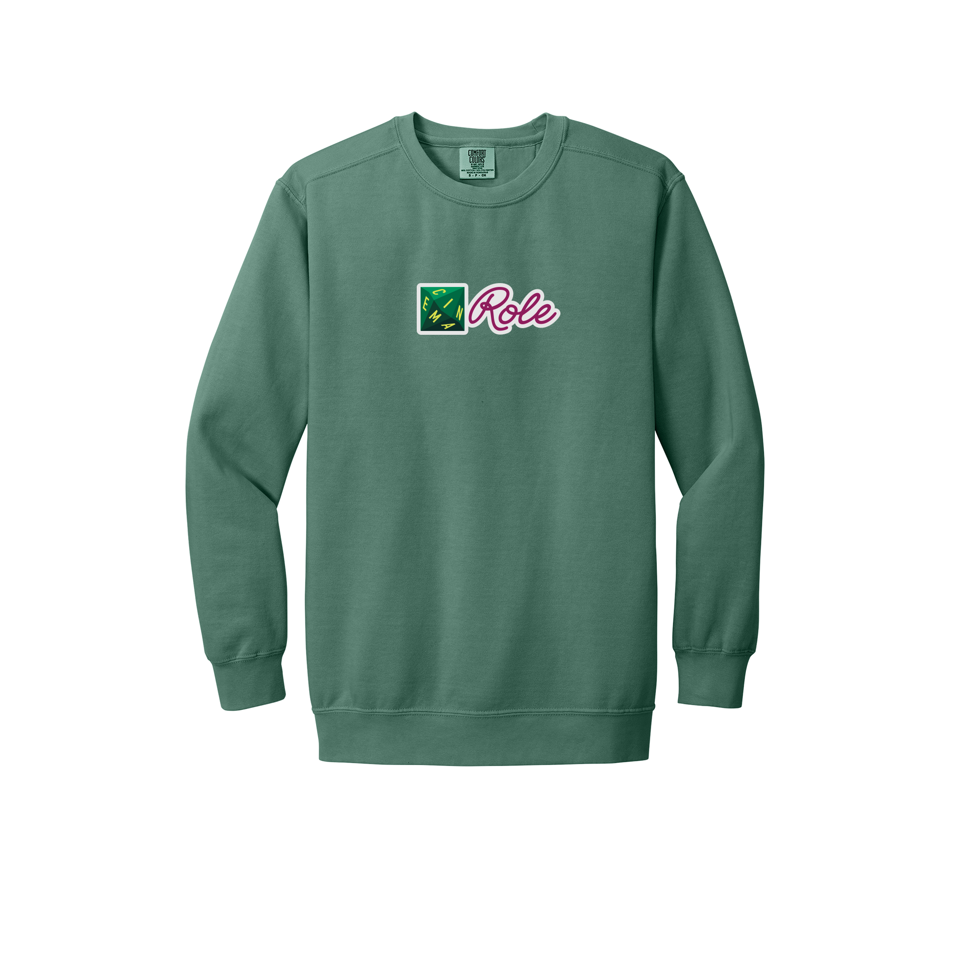 cinemarole-premium-comfort-crewneck-dtf-front-1566-lightgreen-flat-front