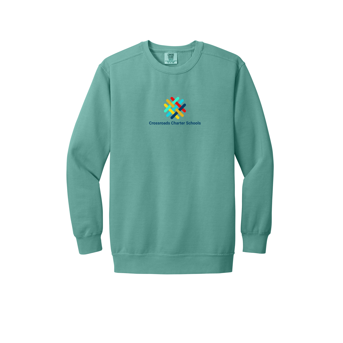 crossroadsschoolskc-premium-comfort-crewneck-dtf-front-1566-seafoam-flat-front