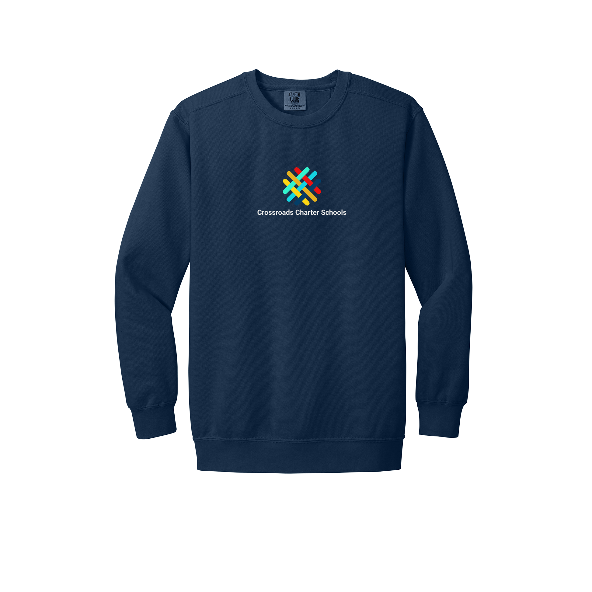 crossroadsschoolskc-premium-comfort-crewneck-dtf-front-1566-truenavy-flat-front