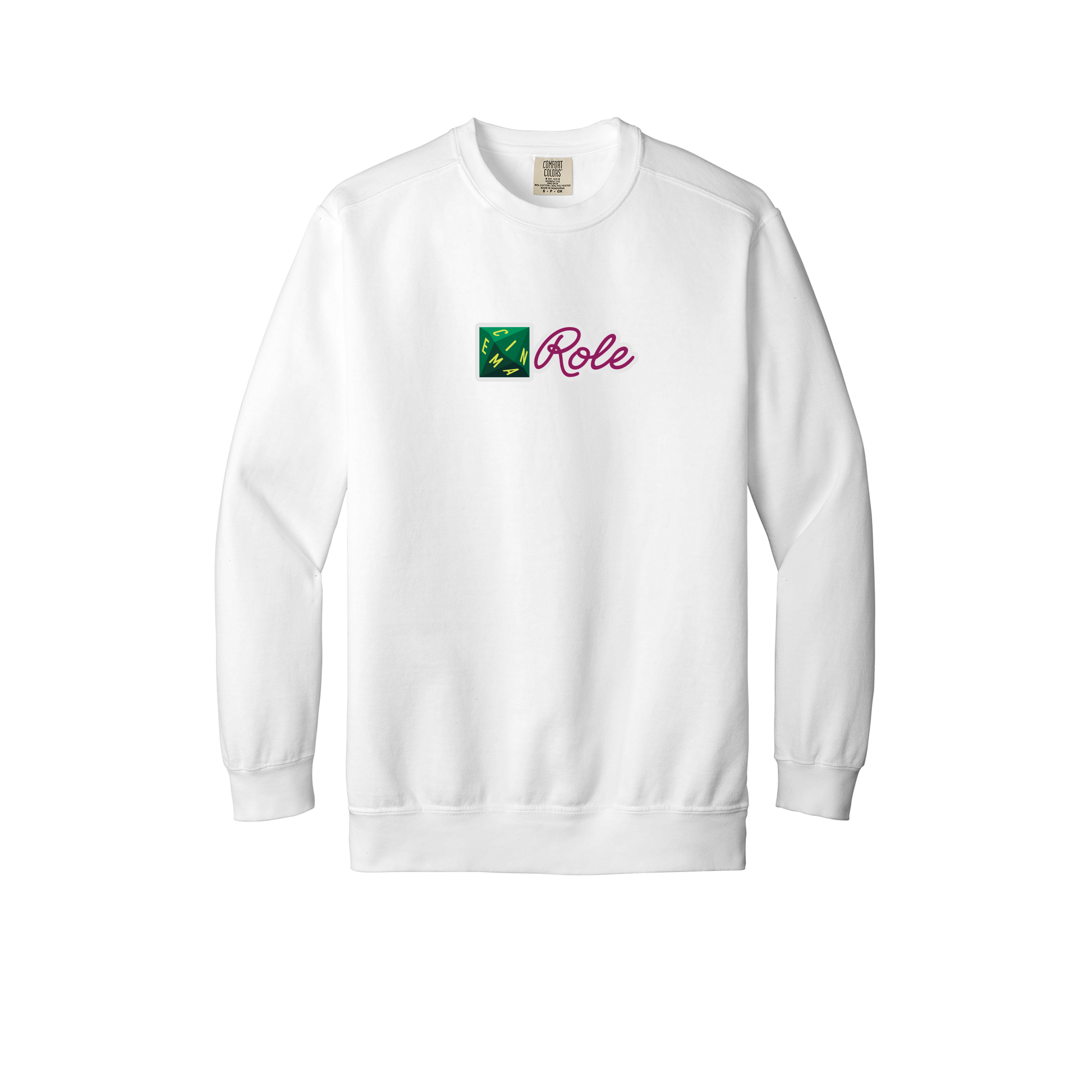 cinemarole-premium-comfort-crewneck-dtf-front-1566-white-flat-front