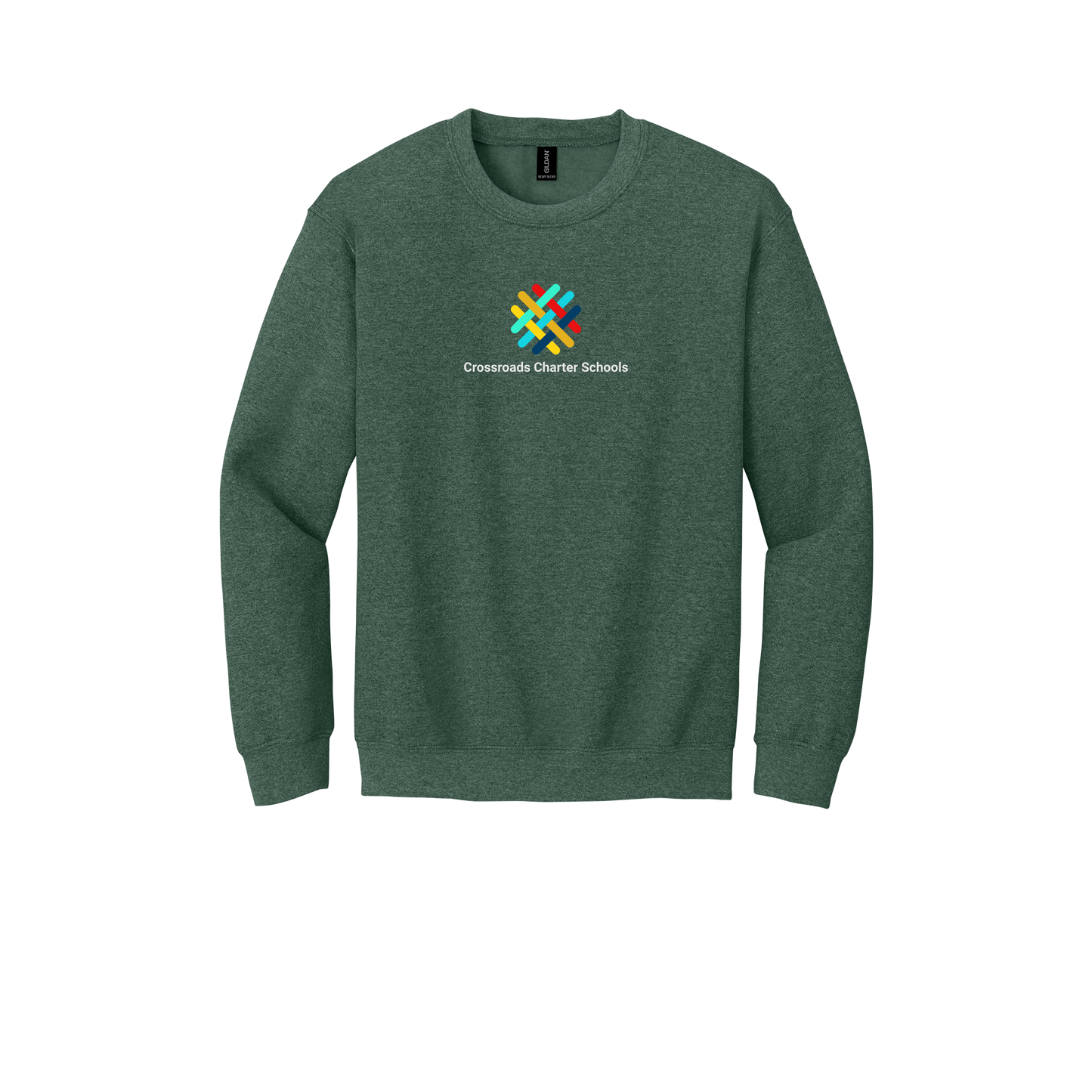 crossroadsschoolskc-comfort-crewneck-dtf-front-18000-heathersportdarkgreen-flat-front