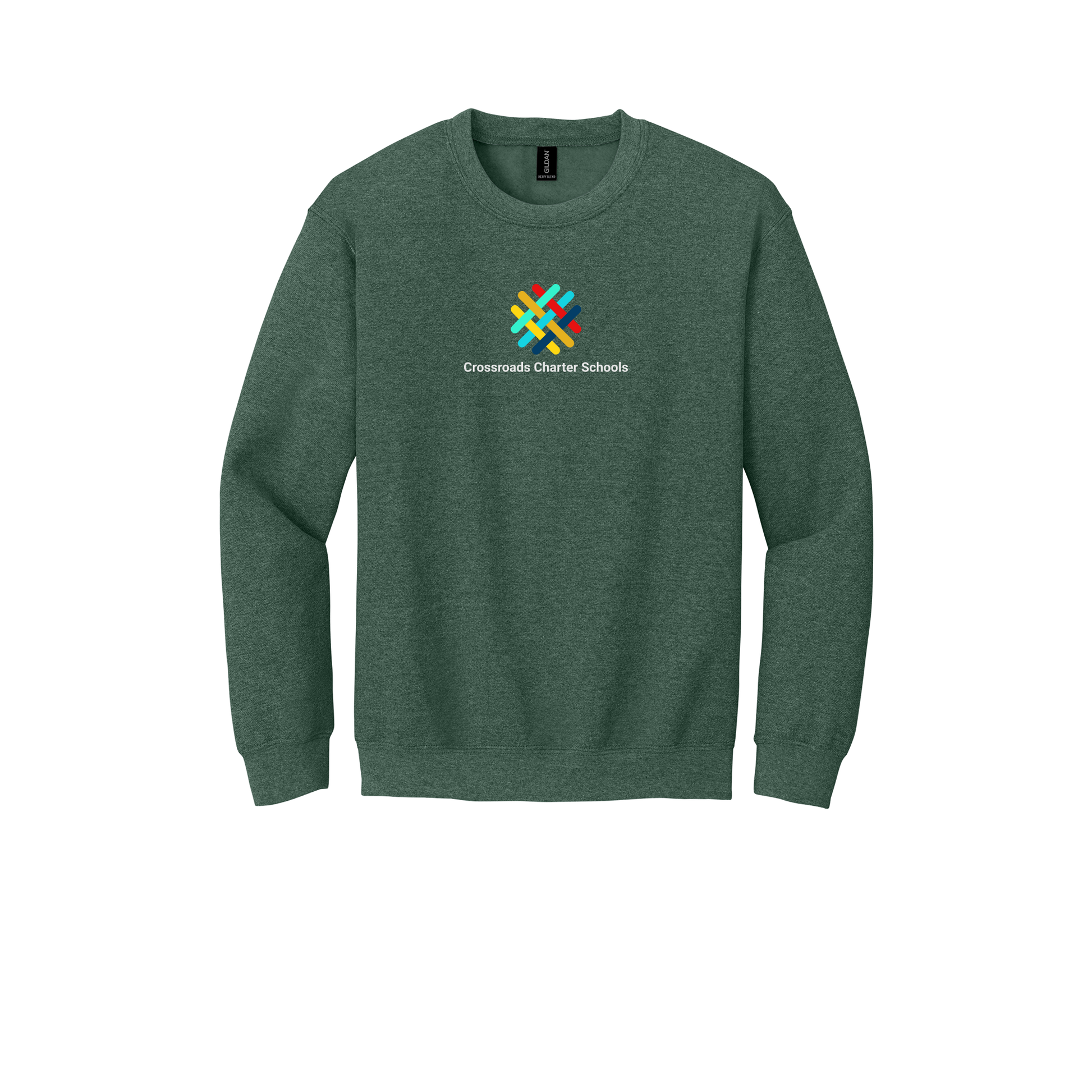 crossroadsschoolskc-comfort-crewneck-dtf-front-18000-heathersportdarkgreen-flat-front
