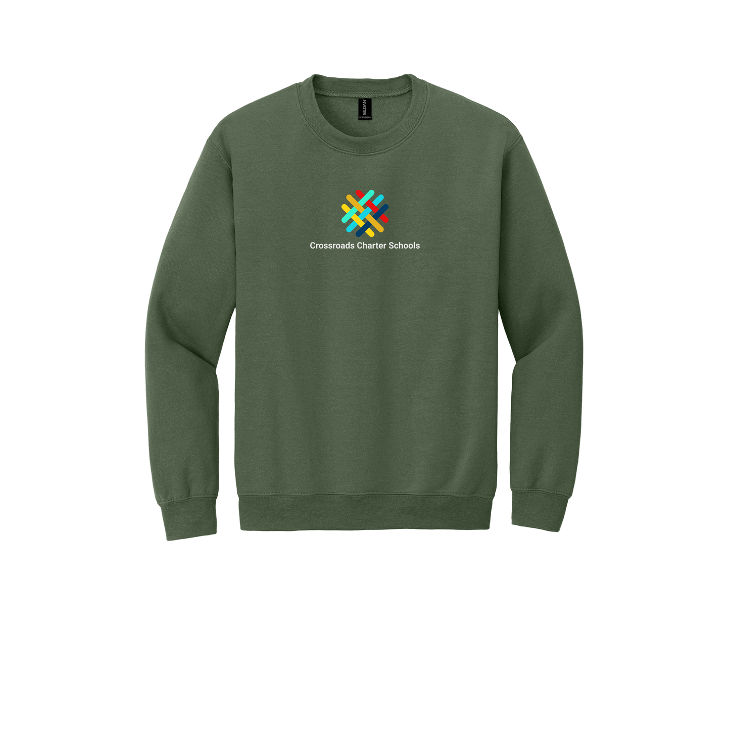 crossroadsschoolskc-comfort-crewneck-dtf-front-18000-militarygreen-flat-front