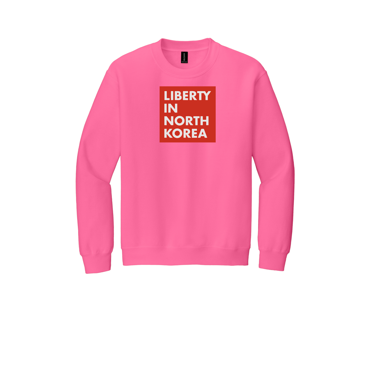 libertyinnorthkorea-comfort-crewneck-dtf-front-18000-safetypink-flat-front