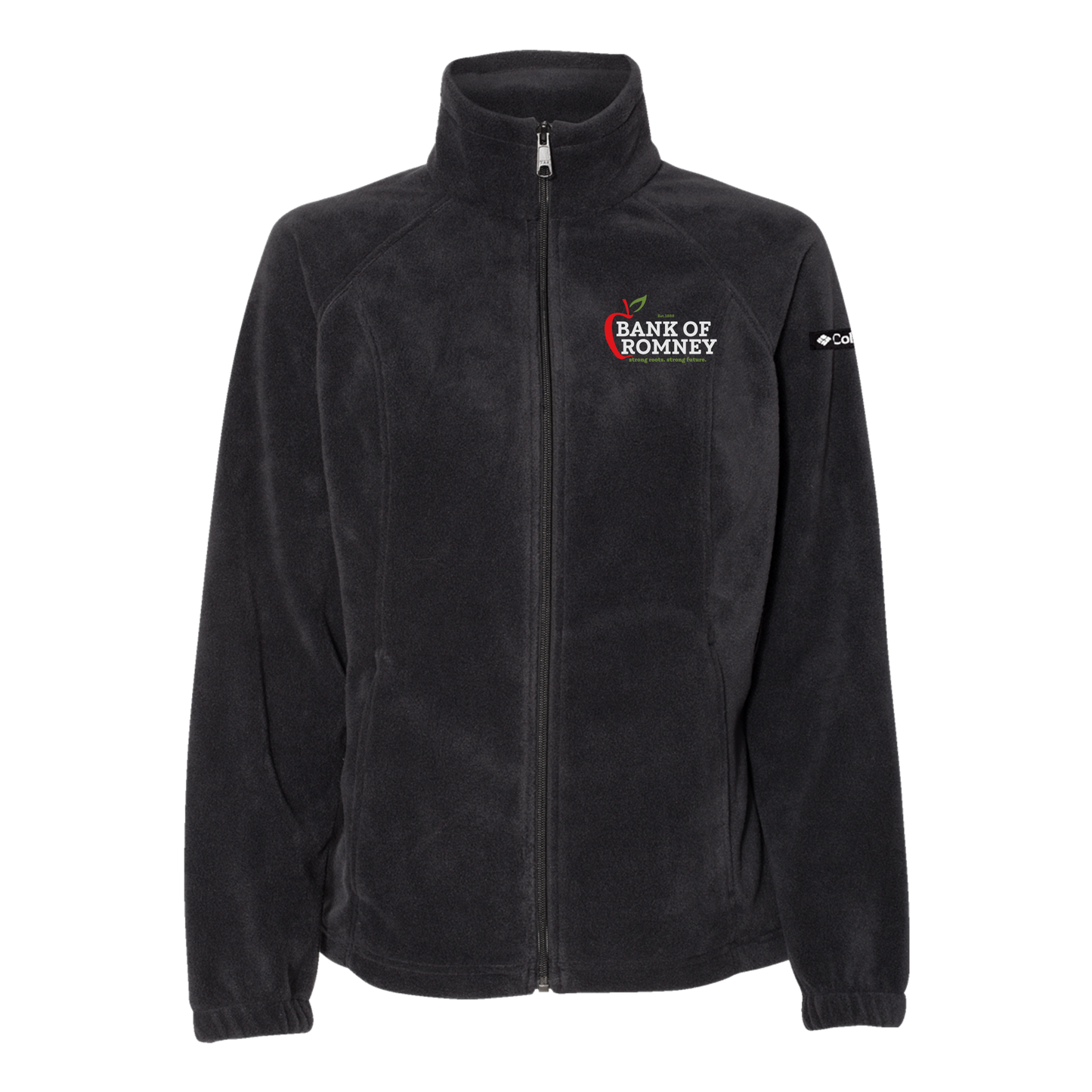 bankofromney-columbia-womens-fleece-jacket-embroidery-leftchest-212470-black-flat-front