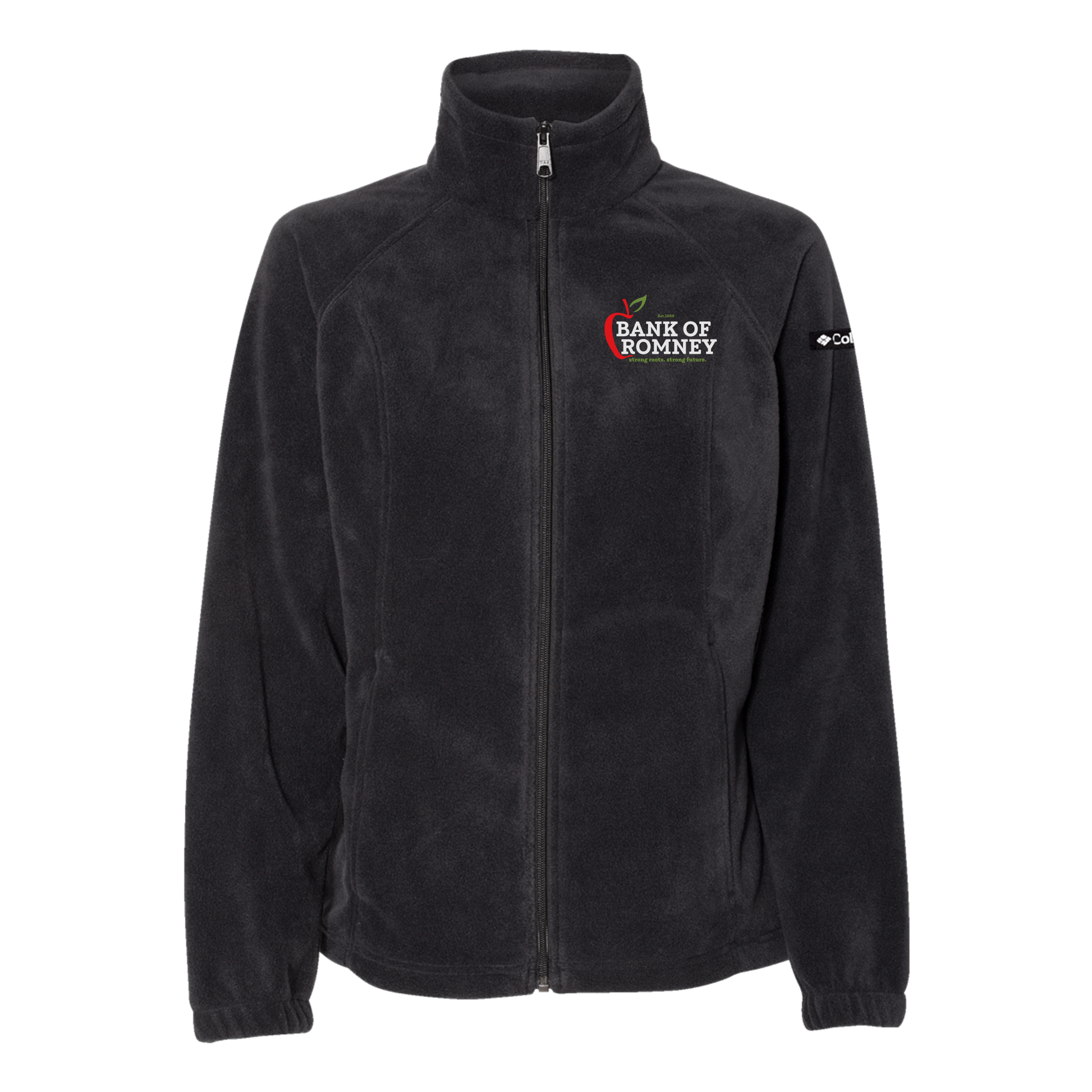 bankofromney-columbia-womens-fleece-jacket-embroidery-leftchest-212470-black-flat-front