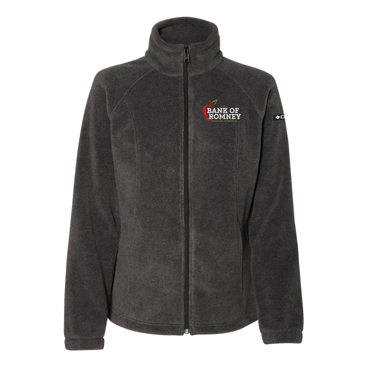 bankofromney-columbia-womens-fleece-jacket-embroidery-leftchest-212470-charcoalheather-flat-front