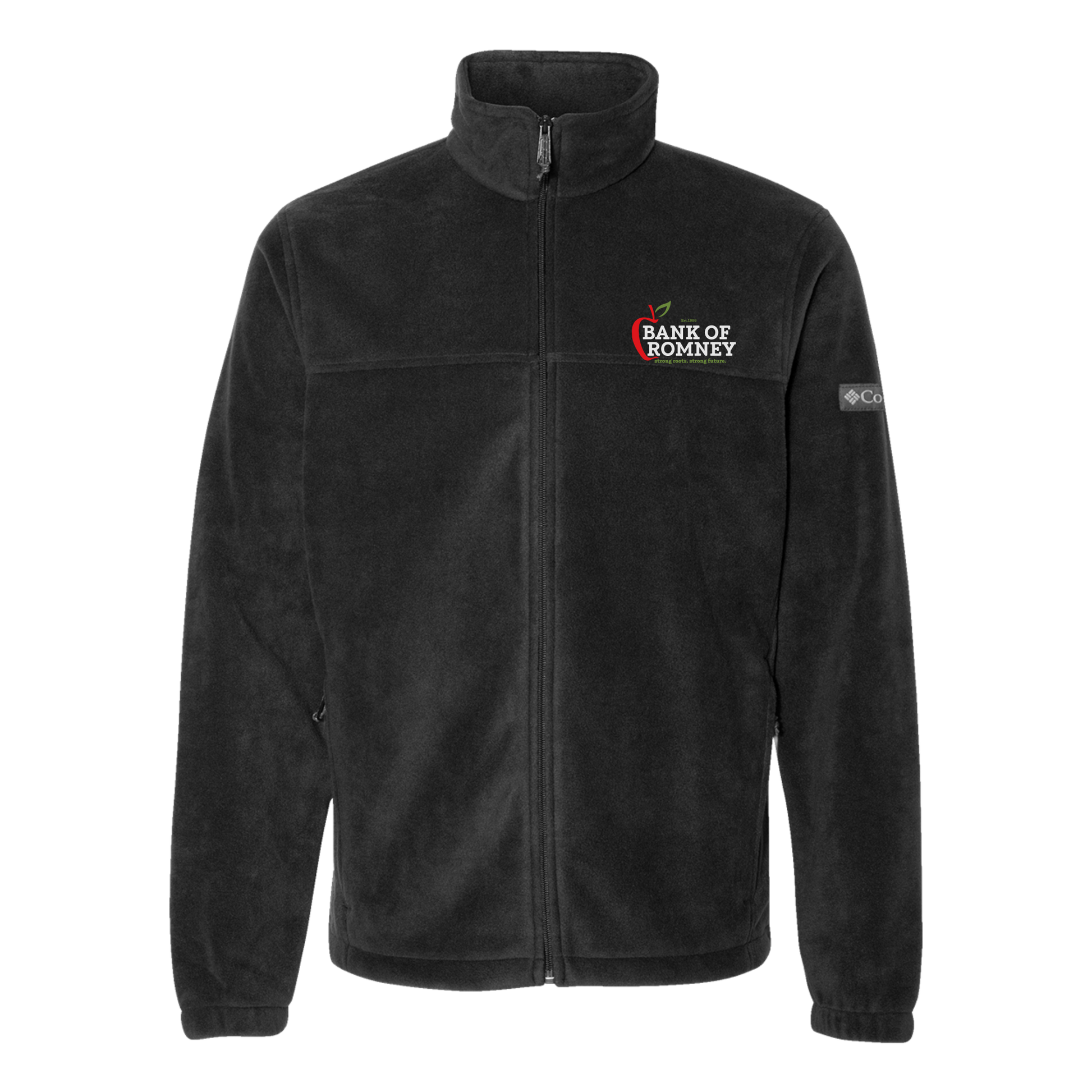 bankofromney-columbia-mens-fleece-jacket-embroidery-leftchest-212478-black-flat-front