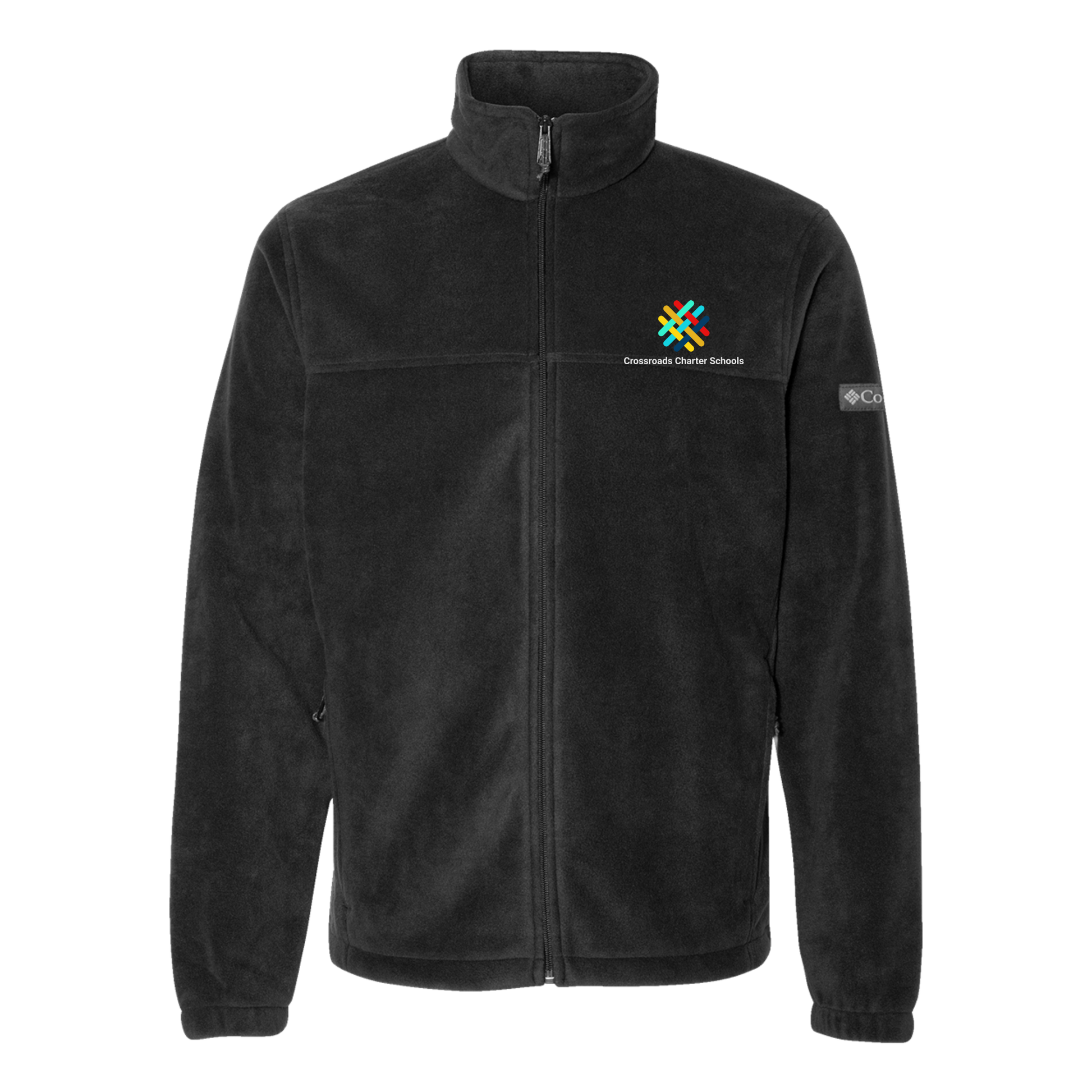 crossroadsschoolskc-columbia-mens-fleece-jacket-embroidery-leftchest-212478-black-flat-front