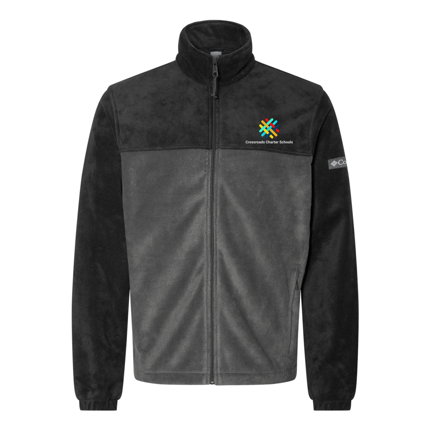 crossroadsschoolskc-columbia-mens-fleece-jacket-embroidery-leftchest-212478-blackgrill-flat-front