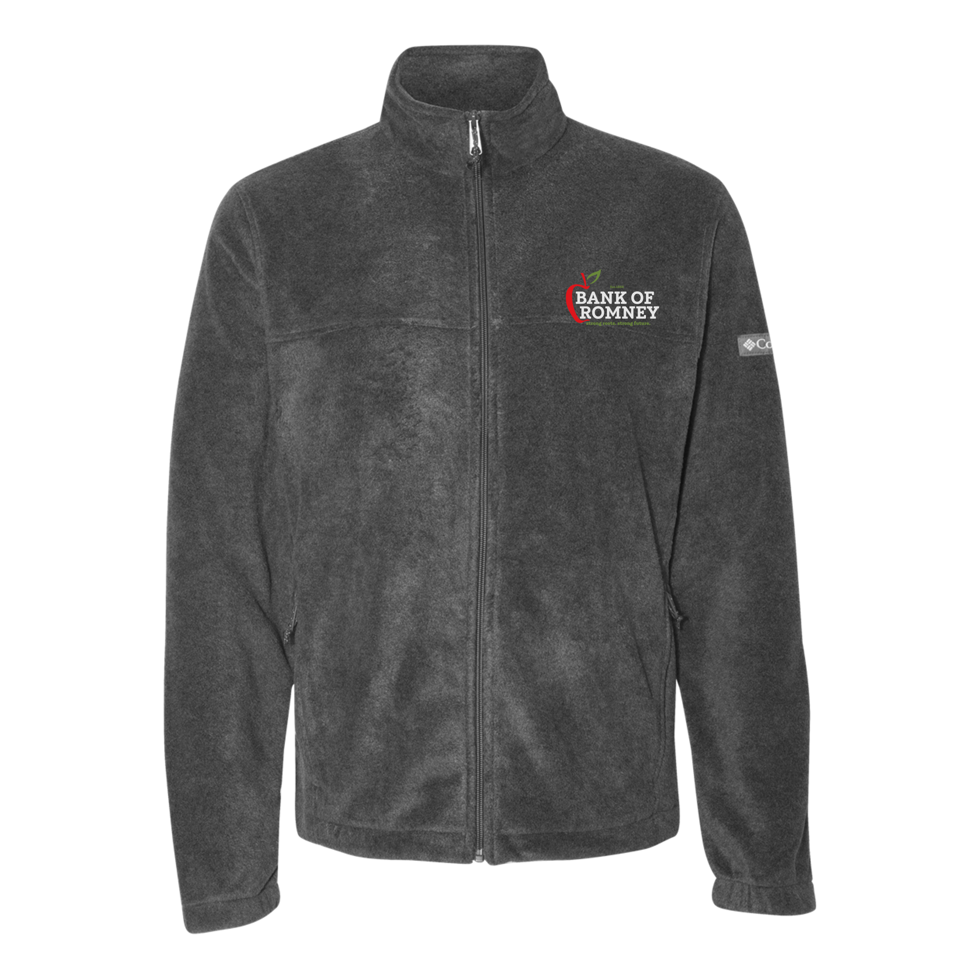 bankofromney-columbia-mens-fleece-jacket-embroidery-leftchest-212478-charcoalheather-flat-front