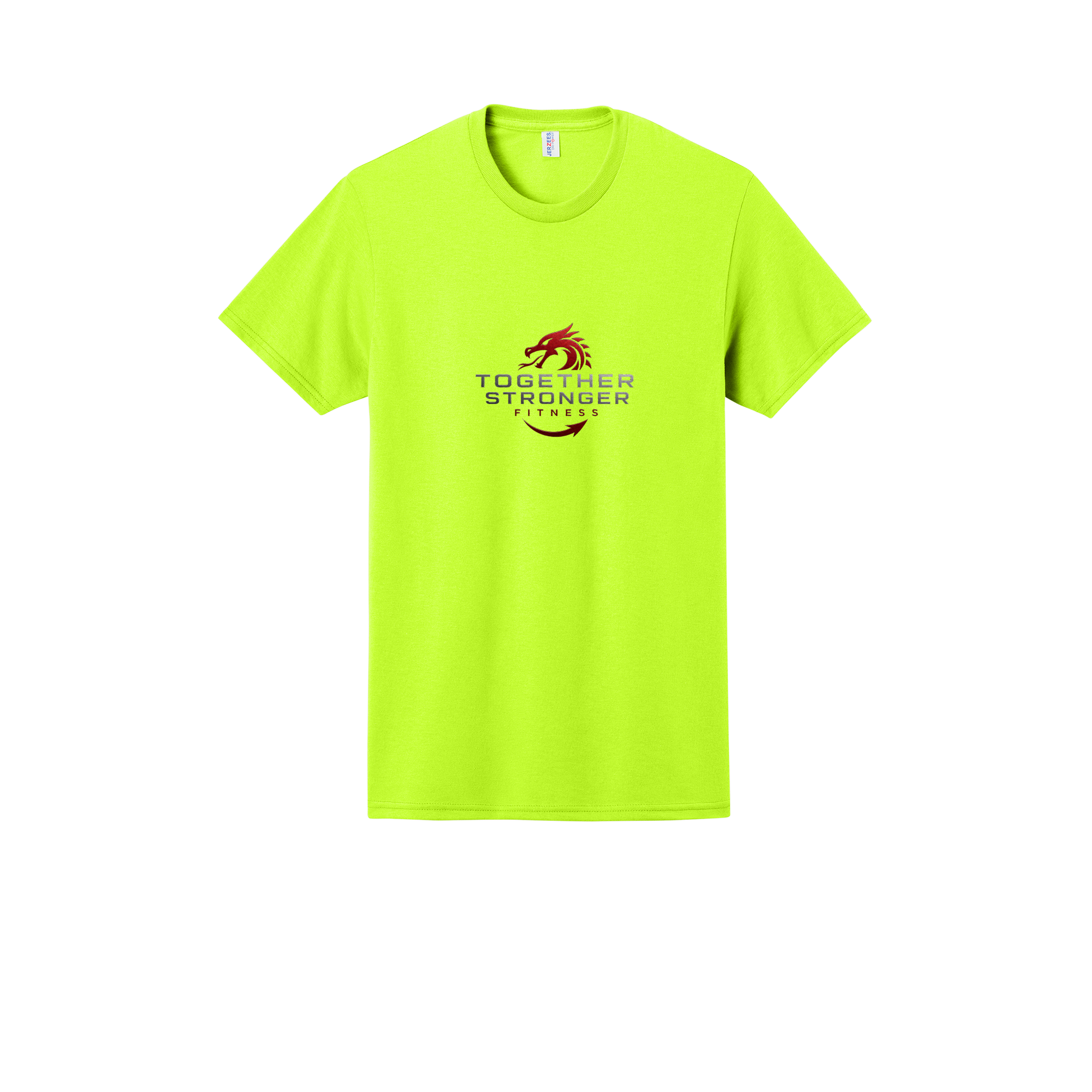 togetherstrongerfitness-jerzees-dri-power-cotton-poly-tee-dtf-front-29M-safetygreen-flat-front