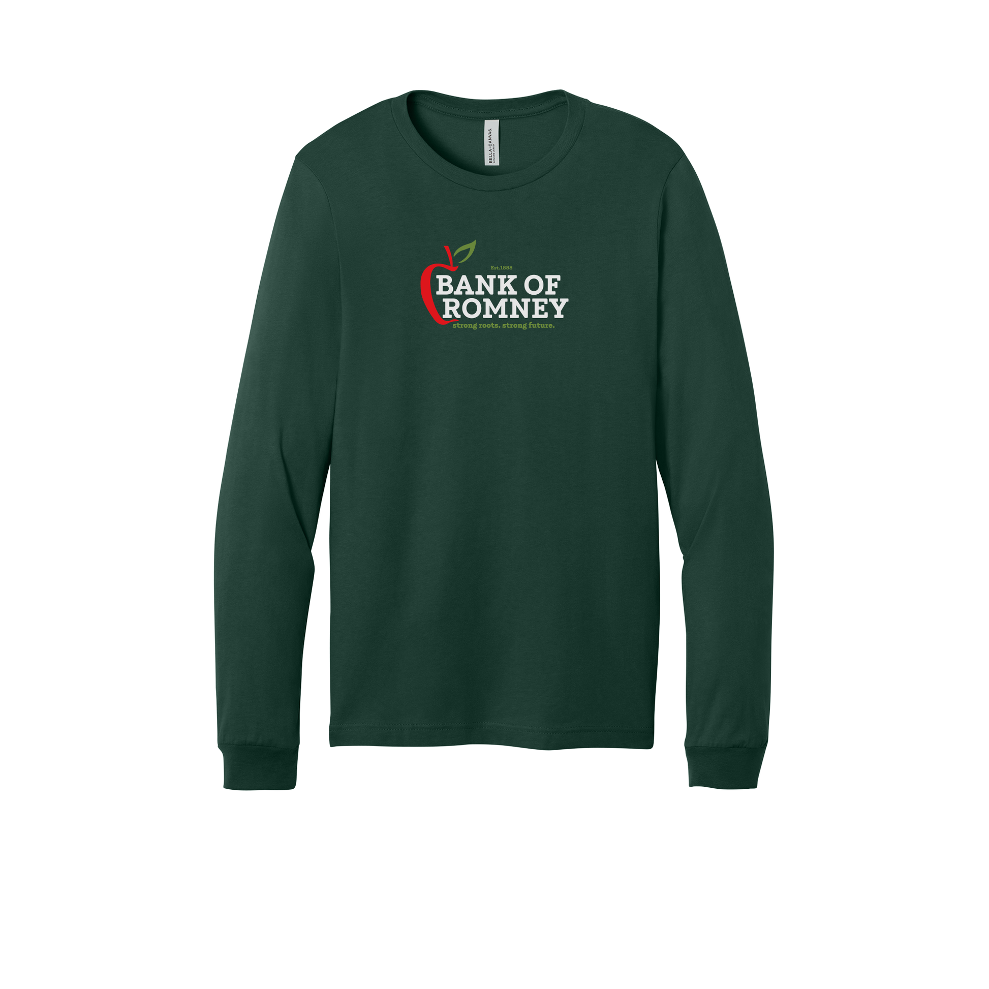 bankofromney-all-season-long-sleeve-tee-dtf-front-3501-forest-flat-front