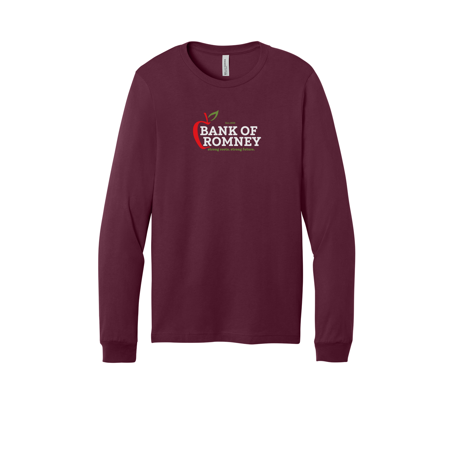 bankofromney-all-season-long-sleeve-tee-dtf-front-3501-maroon-flat-front