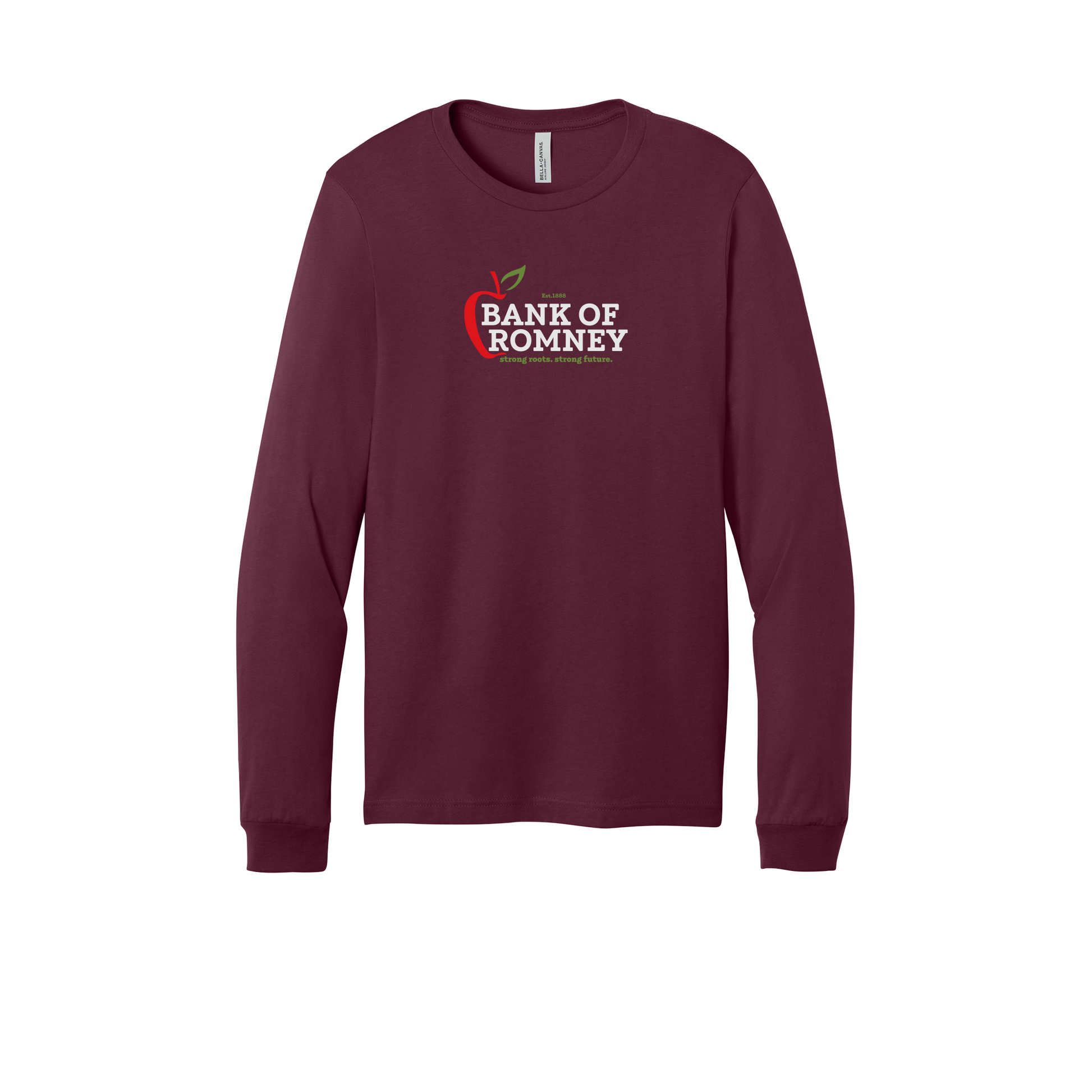 bankofromney-all-season-long-sleeve-tee-dtf-front-3501-maroon-flat-front
