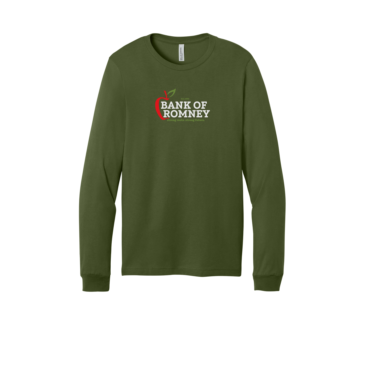 bankofromney-all-season-long-sleeve-tee-dtf-front-3501-olive-flat-front