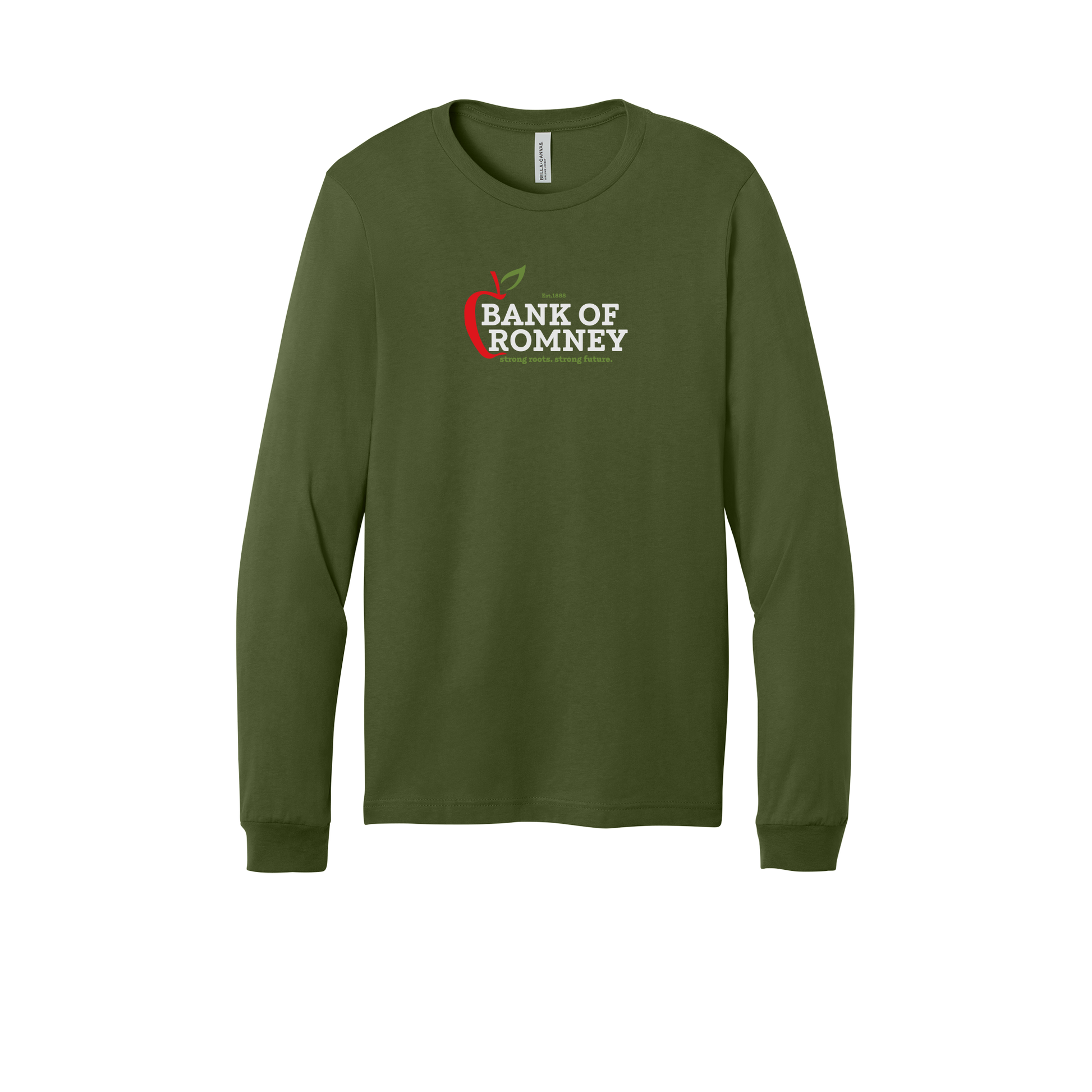 bankofromney-all-season-long-sleeve-tee-dtf-front-3501-olive-flat-front