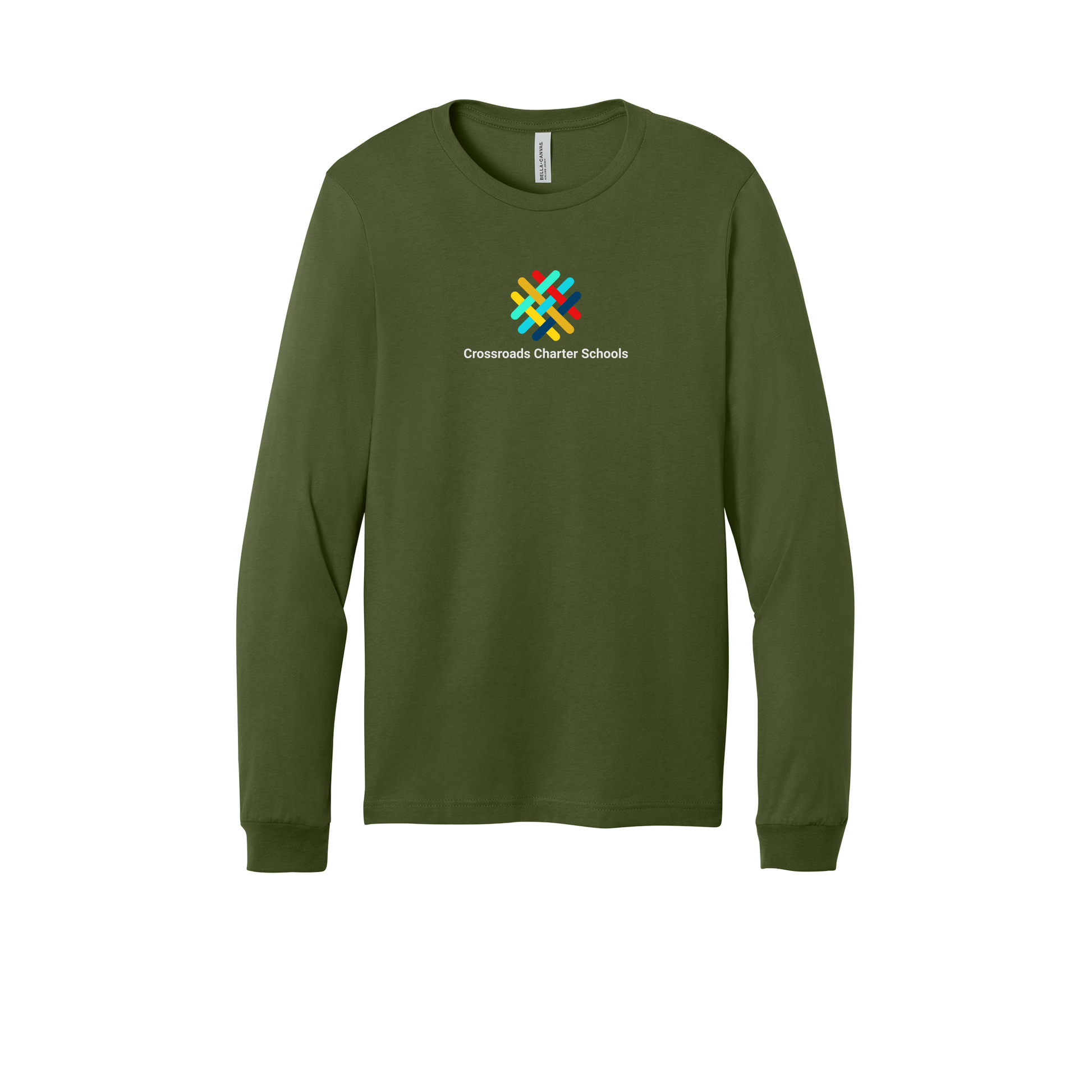 crossroadsschoolskc-all-season-long-sleeve-tee-dtf-front-3501-olive-flat-front