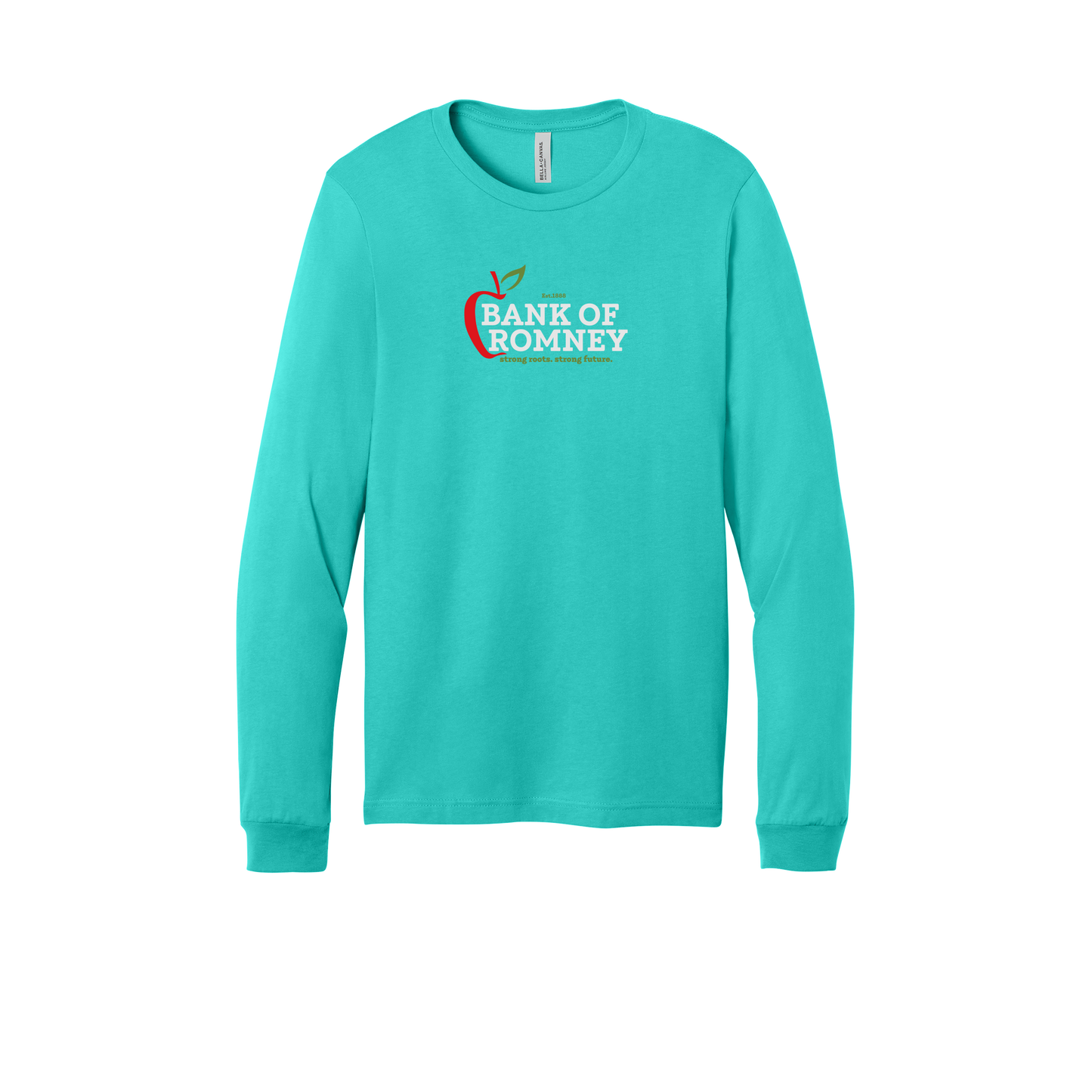 bankofromney-all-season-long-sleeve-tee-dtf-front-3501-teal-flat-front