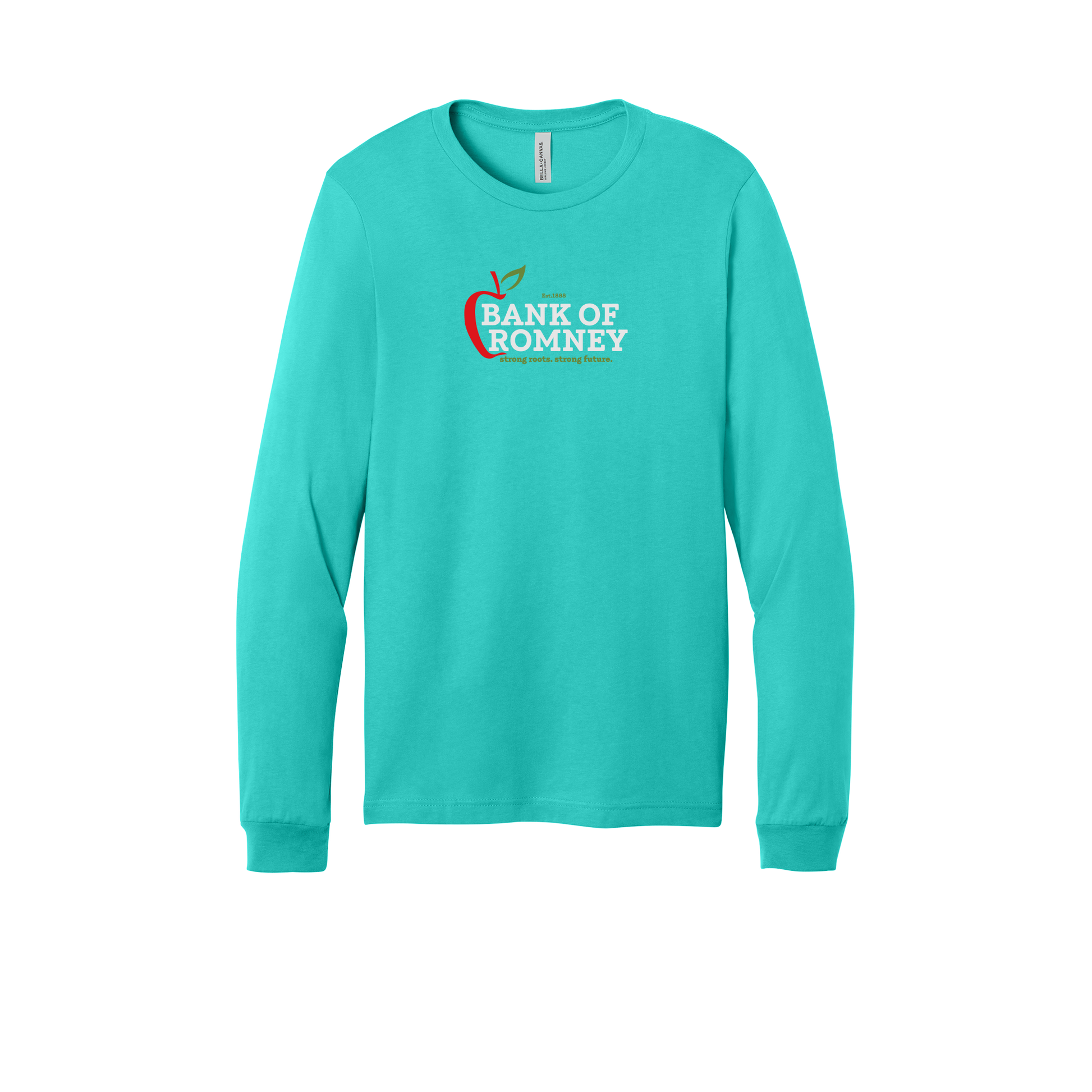 bankofromney-all-season-long-sleeve-tee-dtf-front-3501-teal-flat-front