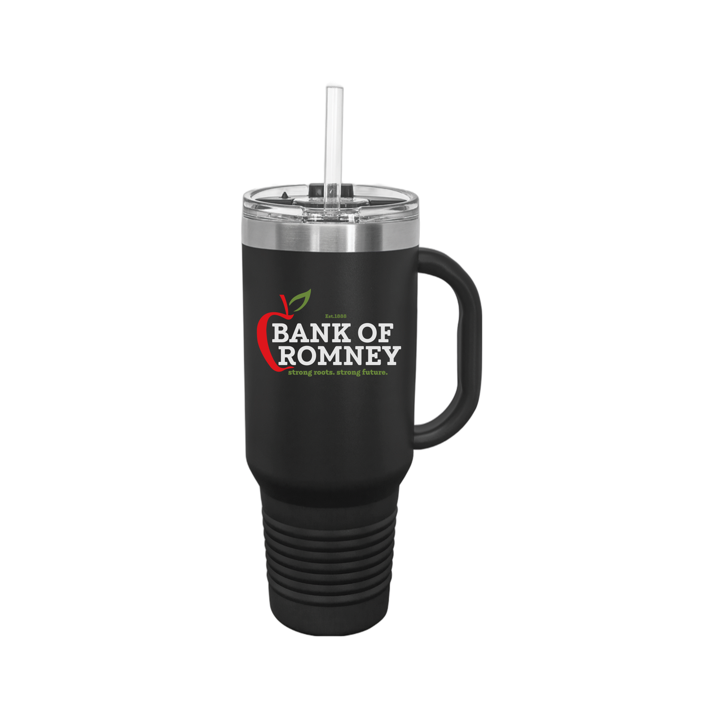 bankofromney-travel-mug-40oz-uv-drinkwarefront-40ozTravelMug-black-flat-front