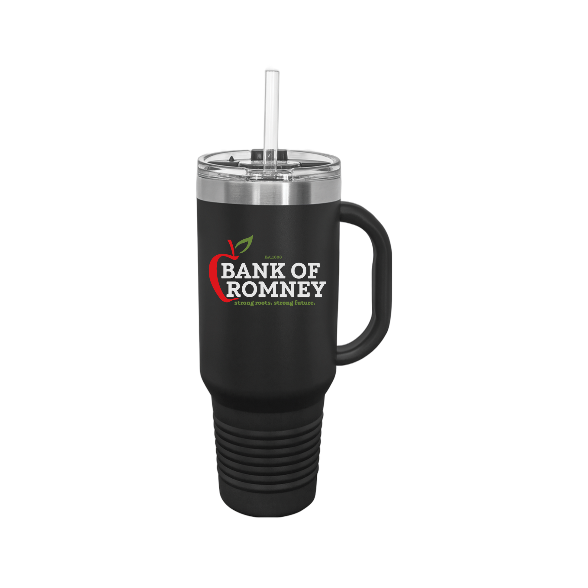 bankofromney-travel-mug-40oz-uv-drinkwarefront-40ozTravelMug-black-flat-front
