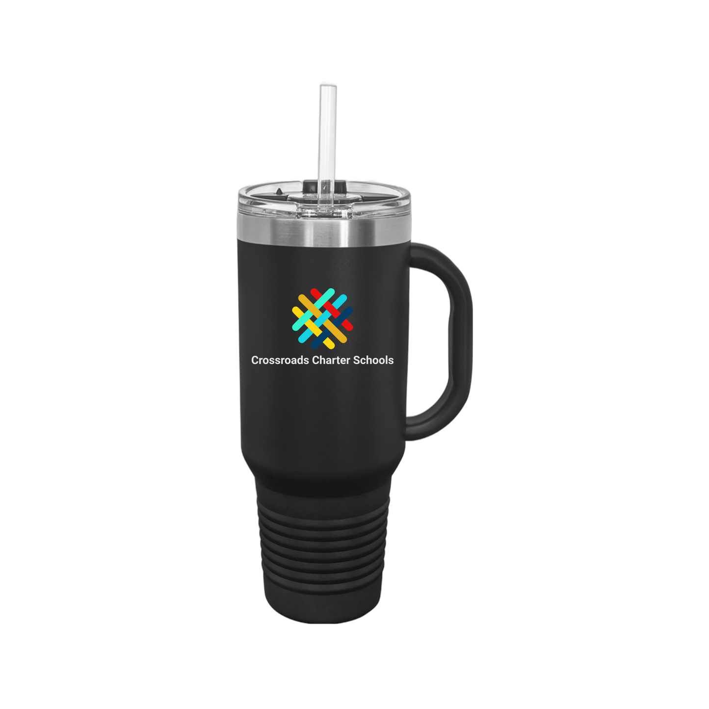 crossroadsschoolskc-travel-mug-40oz-uv-drinkwarefront-40ozTravelMug-black-flat-front