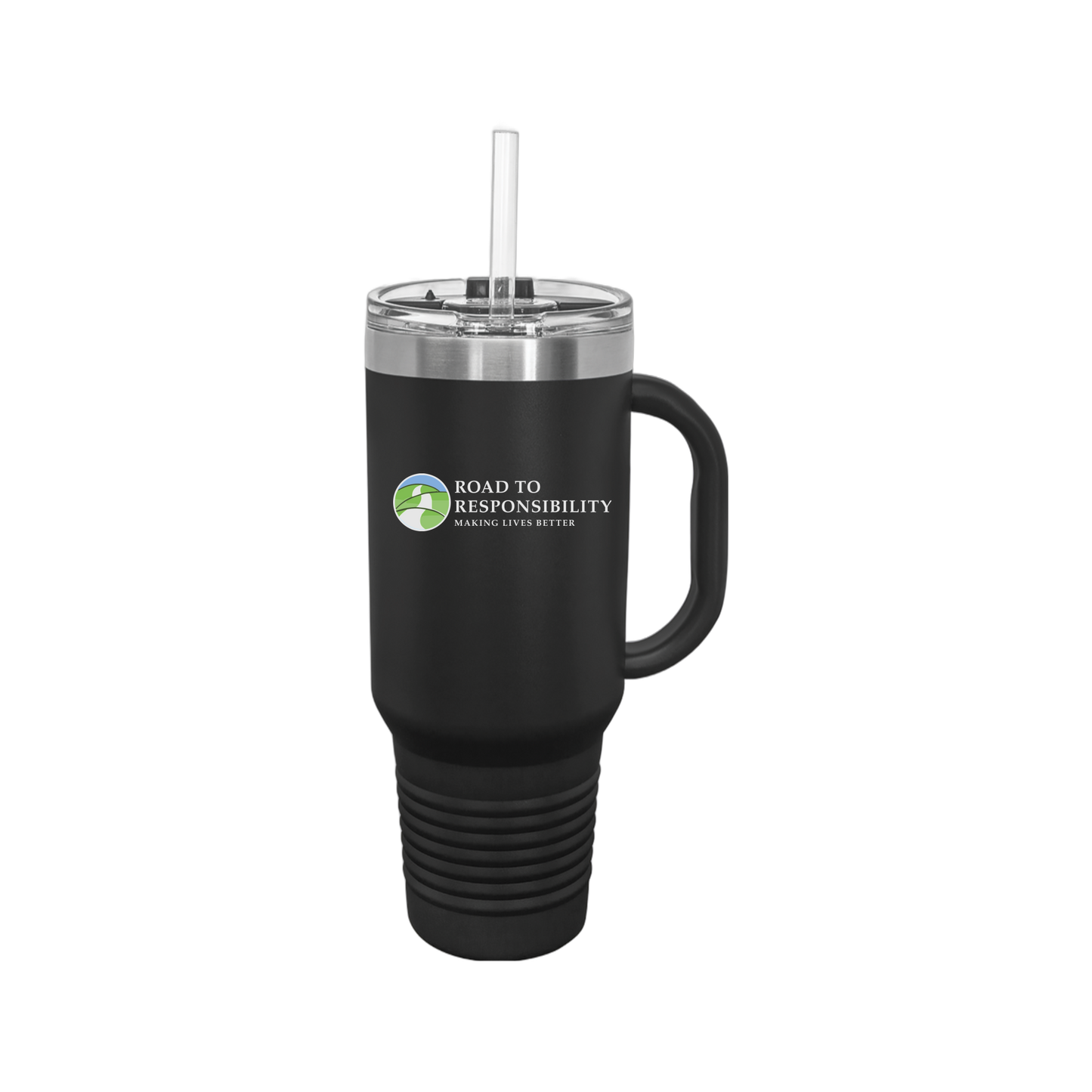 roadtoresponsibility-travel-mug-40oz-uv-drinkwarefront-40ozTravelMug-black-flat-front