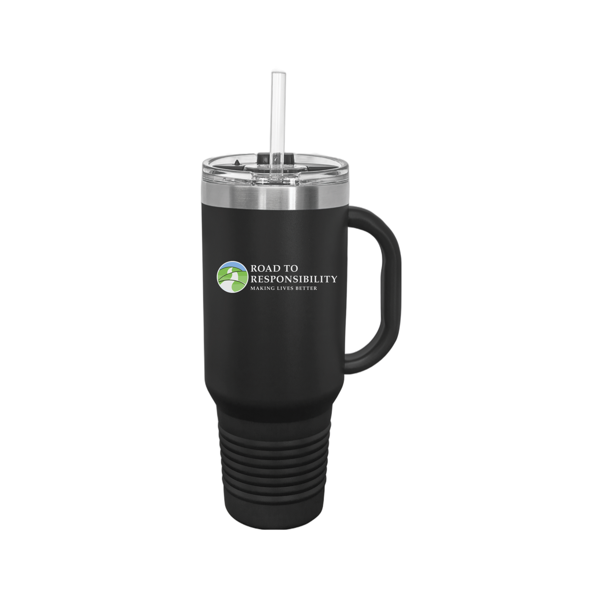 roadtoresponsibility-travel-mug-40oz-uv-drinkwarefront-40ozTravelMug-black-flat-front