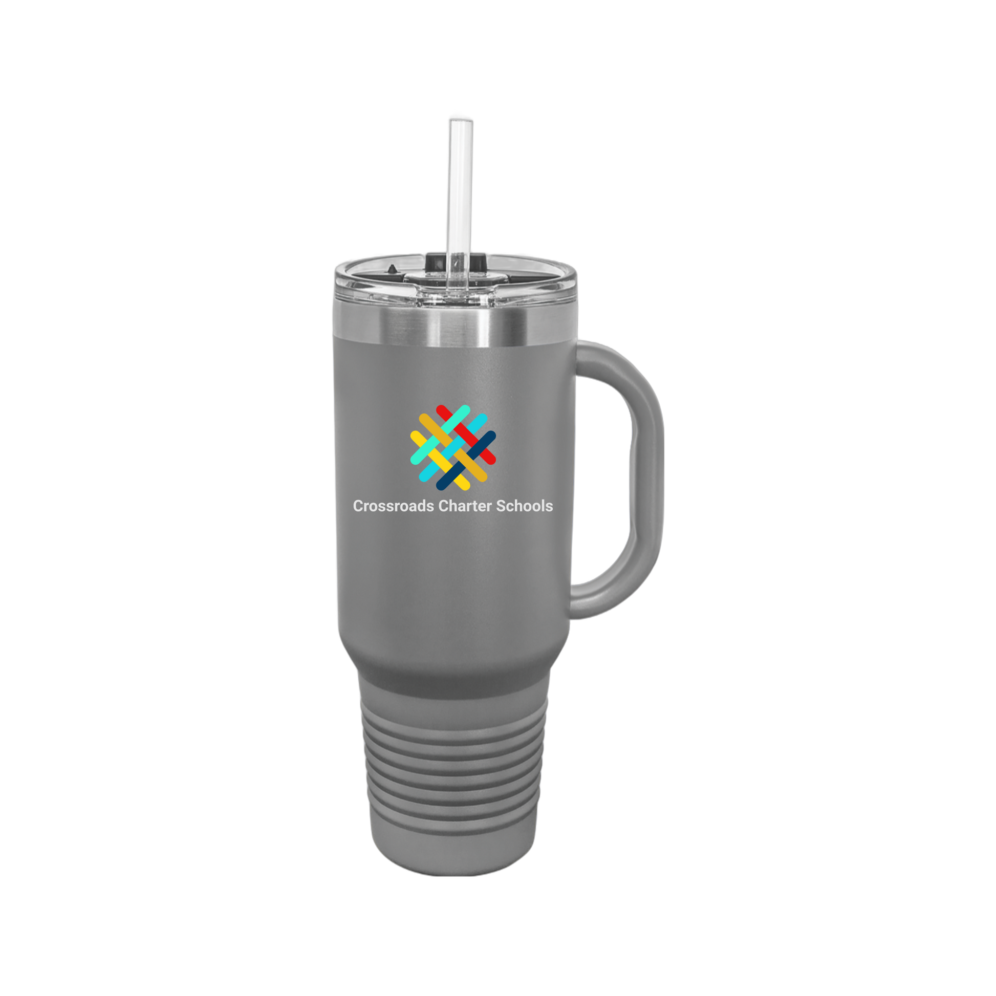 crossroadsschoolskc-travel-mug-40oz-uv-drinkwarefront-40ozTravelMug-darkgray-flat-front