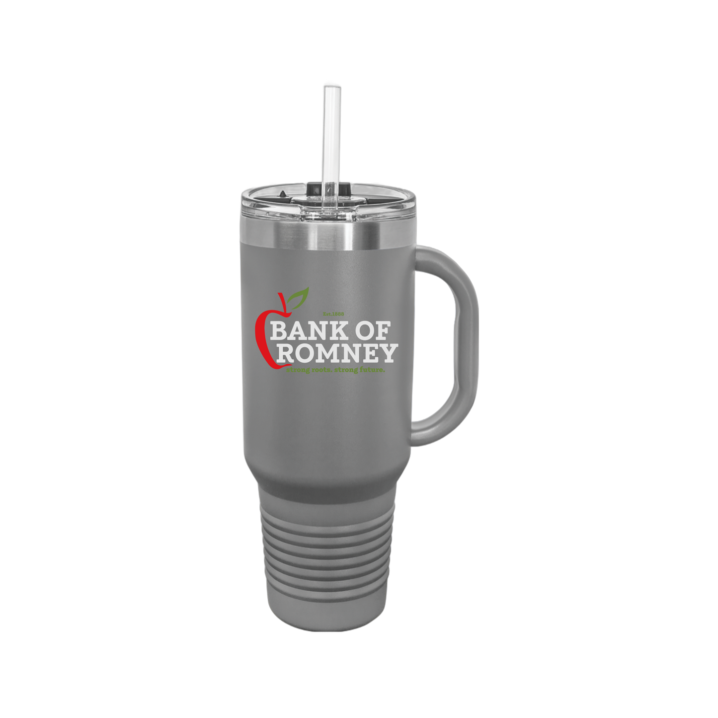 bankofromney-travel-mug-40oz-uv-drinkwarefront-40ozTravelMug-darkgray-flat-front